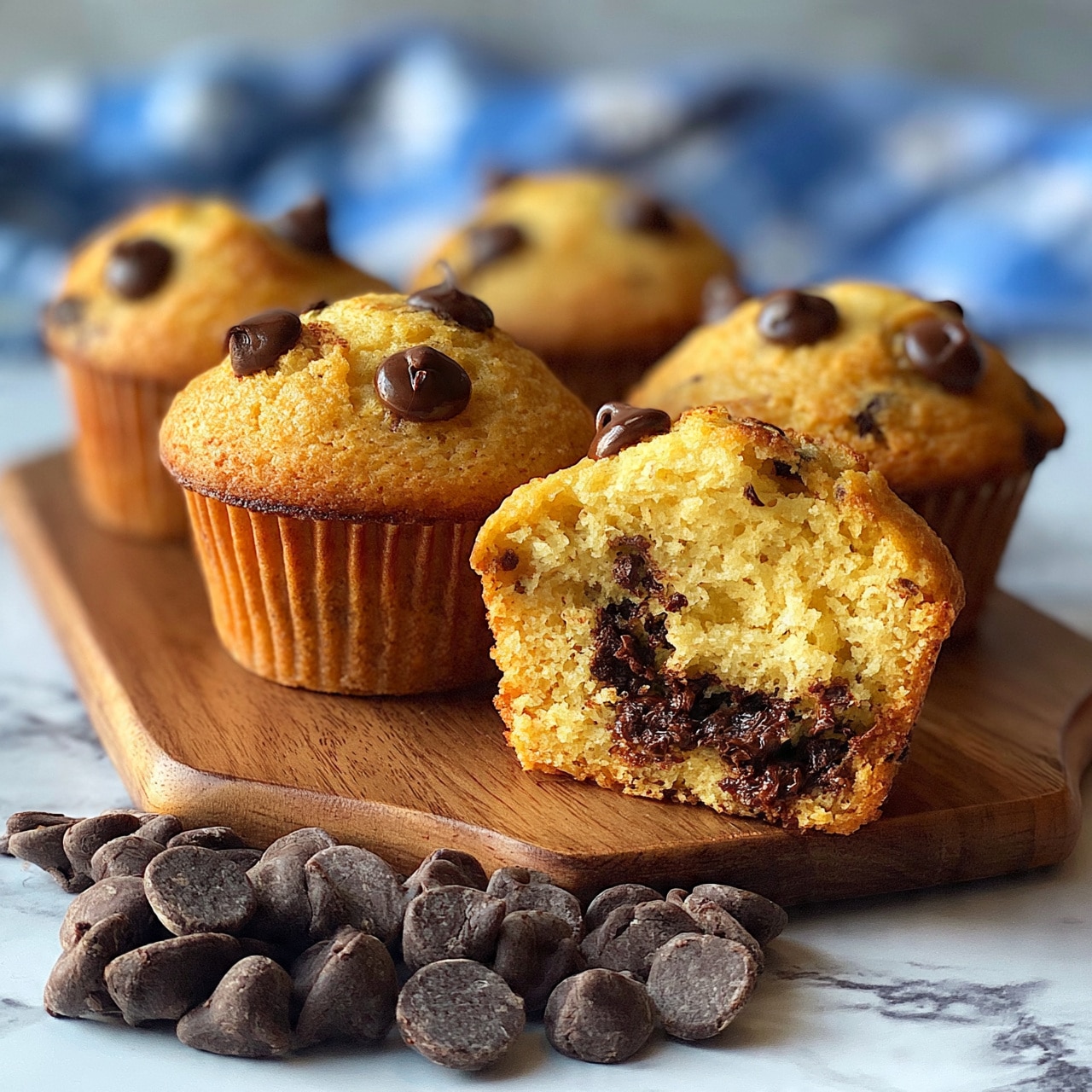 square image A group of four light golden muffins with chocolate chips on top sits on a wooden board, with one muffin broken in half showing a soft, moist inside filled with melted dark chocolate chips. The muffin tops are slightly rounded with several melting chips sticking out. Extra dry chocolate chips are scattered in front of the wooden board. The background shows a soft focus blue and white checkered cloth on a white marbled surface. photo taken with an iphone --ar 4:5 --v 7square image