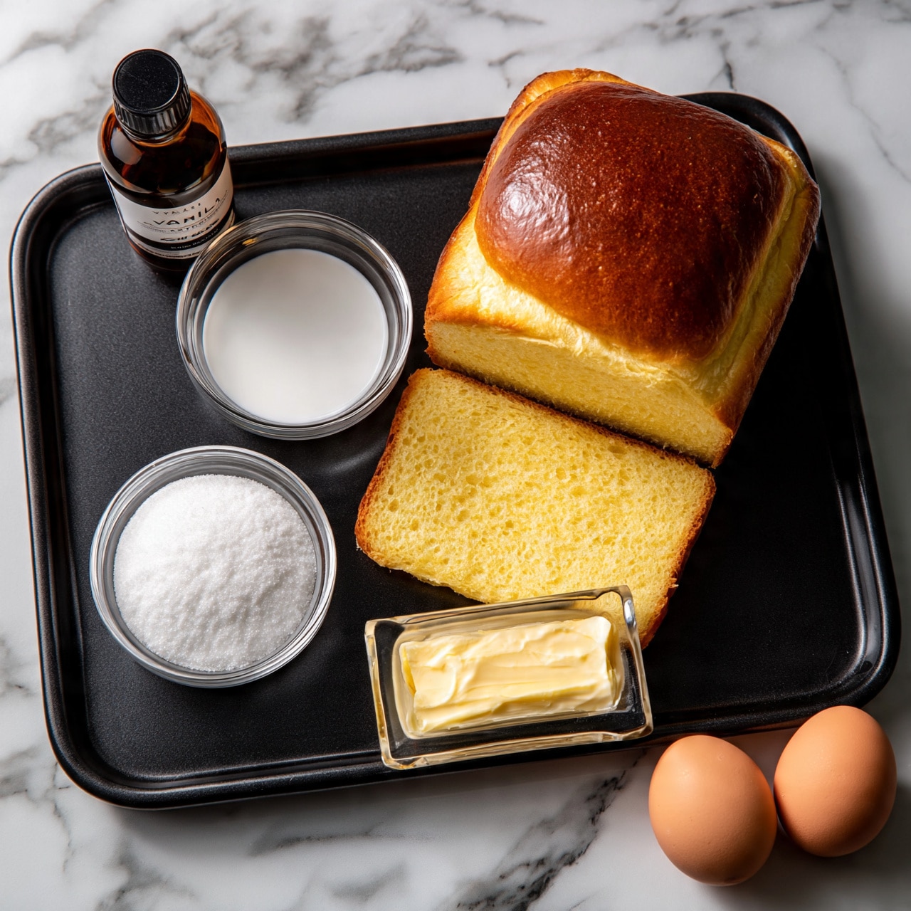 square image The image shows baking ingredients arranged on a black tray placed on a white marbled surface. There are two uncooked eggs positioned in the bottom right corner. A loaf of golden-brown brioche bread is placed at the top right, with one thick slice separated and lying flat below it. To the left of the slice is a small glass bowl filled with granulated white sugar. Above the sugar bowl is another small glass bowl containing a thick white liquid, likely cream or milk. A small rectangular glass dish filled with softened butter sits at the bottom right. A dark amber bottle labeled vanilla extract is positioned near the top left corner of the tray. The overall color palette includes warm yellows and creamy whites contrasting with the dark tray and white marbled background. Photo taken with an iphone --ar 4:5 --v 7