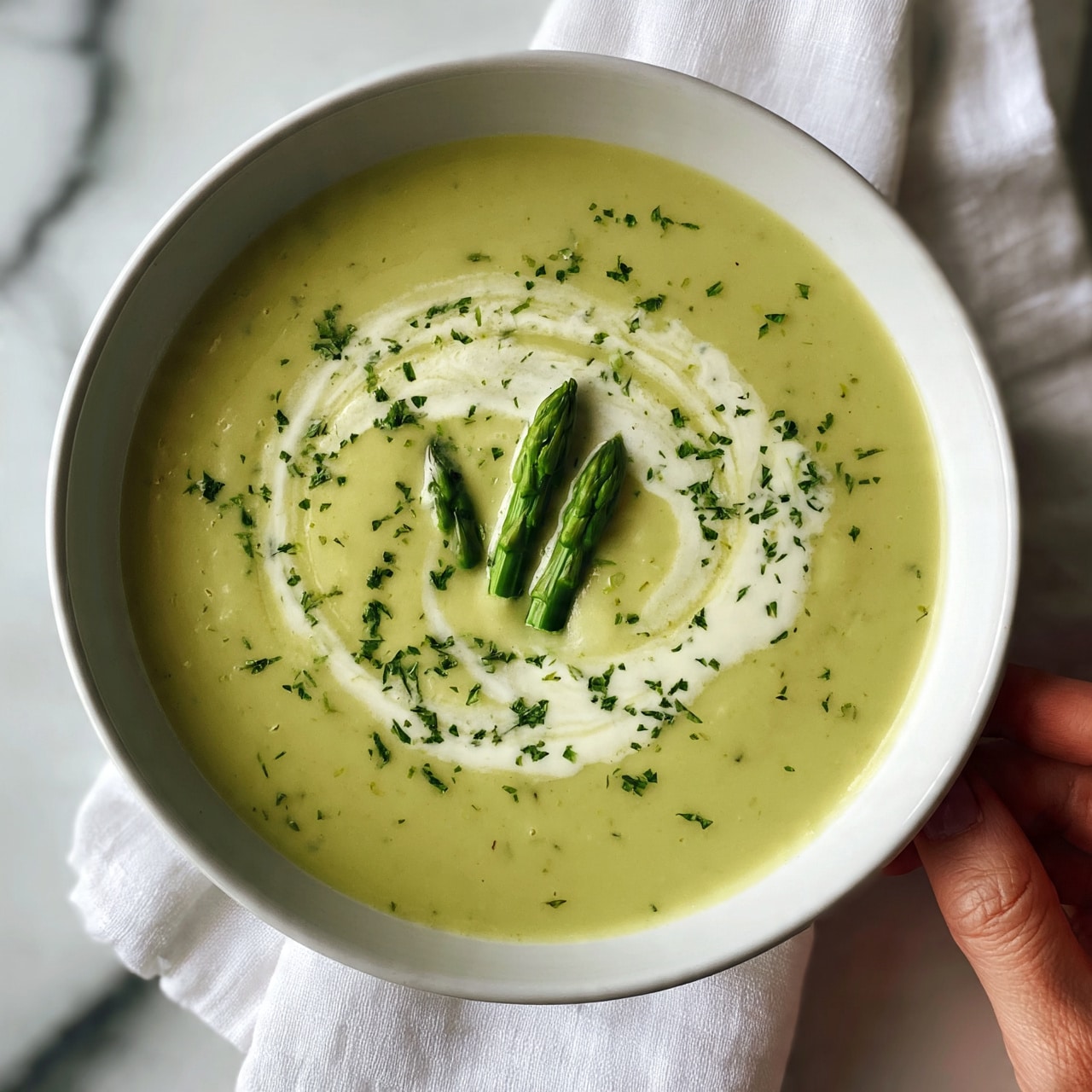 square image The image shows a white bowl filled with creamy pale green soup, smooth in texture with a swirl of white cream on top forming a curling pattern. Three small green asparagus tips are placed in the center, and finely chopped green herbs are sprinkled all over the surface. The bowl is placed on a white marbled surface with a folded white cloth napkin and a woman's hand holding the edge of the bowl slightly visible in the bottom right corner. The overall look is fresh and inviting. photo taken with an iphone --ar 4:5 --v 7