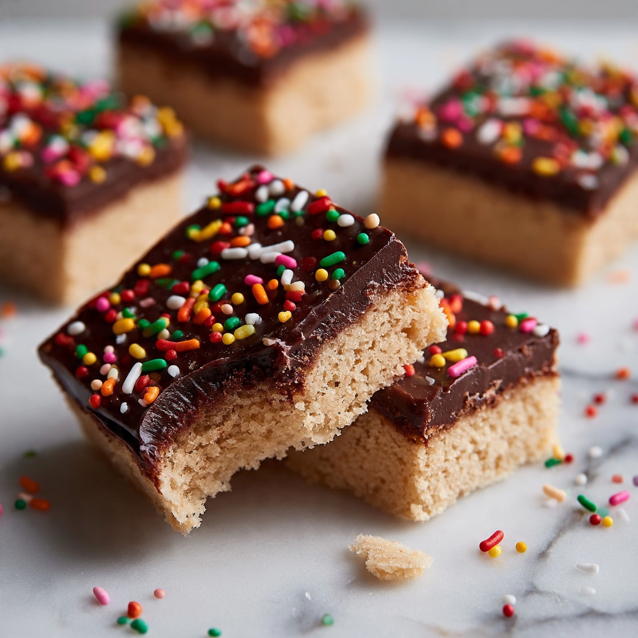 square image The image shows several square treats made of a beige crispy base layer covered with a shiny dark chocolate layer on top, sprinkled with colorful small sprinkles in red, green, yellow, pink, white, and orange. One of the treats is tilted to show the inside texture of the crispy base, which contrasts with the dark chocolate layer. They are placed on a white marbled surface with some sprinkles scattered around and a small bite taken from one of the squares. photo taken with an iphone --ar 4:5 --v 7