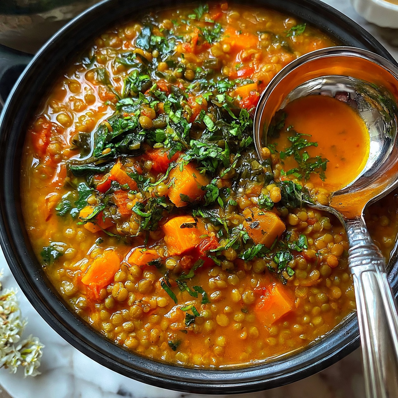square image A close-up view of a black pot filled with thick lentil soup, showing three main layers: a base layer of small, round green lentils simmered in a rich orange broth, mixed throughout with soft, orange carrot cubes and small red tomato pieces, and topped with dark green leafy vegetables and scattered fresh green herbs. A shiny silver ladle is partially submerged on the right side, reflecting the warm colors of the soup, with some of the soup inside the ladle visible. The pot is placed on a white marbled surface with small white flowers to the left and a small white bowl partially visible in the top right corner. photo taken with an iphone --ar 4:5 --v 7