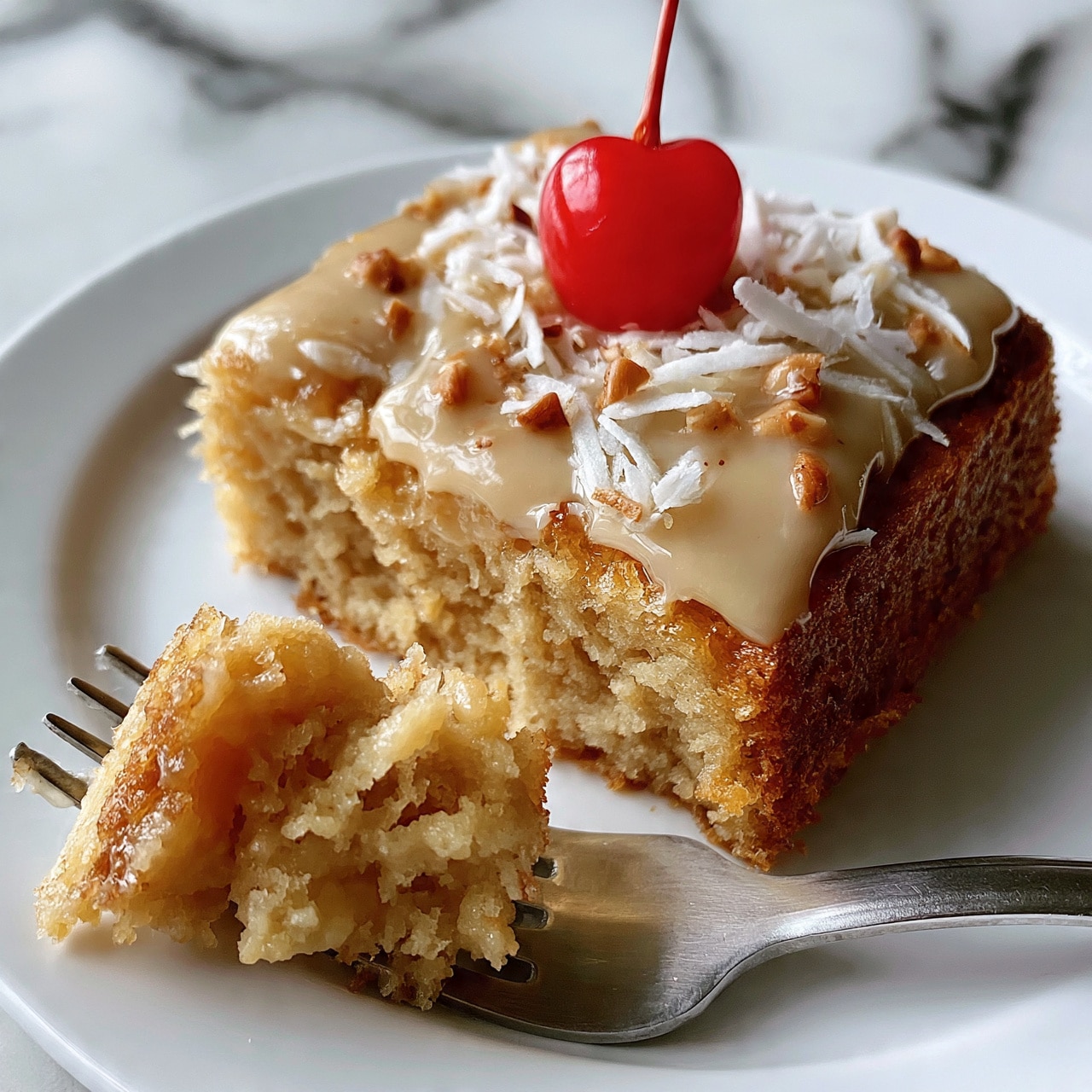 square image The image shows a slice of golden brown cake with a crumbly texture on a white plate. The cake slice is topped with light beige sauce with small nut pieces, shredded white coconut, and a bright red cherry placed in the center. A silver fork holds a piece of the cake in the foreground. The plate rests on a white marbled surface. photo taken with an iphone --ar 4:5 --v 7