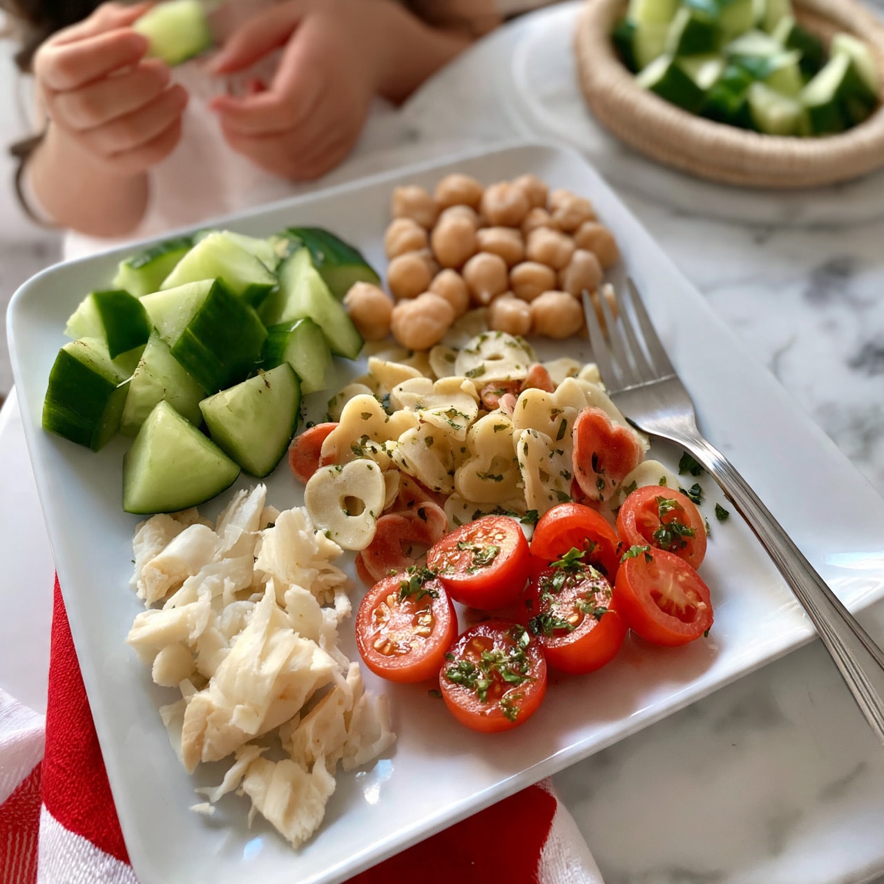 square image A white square plate sits on a white marbled surface, filled with several fresh and colorful ingredients arranged in separate sections. At the top left, medium-sized chunks of bright green cucumber are placed. To the right of the cucumber, there are round beige chickpeas. In the middle, heart-shaped pasta pieces in light and reddish tones fill a section, scattered lightly with green herbs. Below the pasta, there are halved cherry tomatoes showing a vibrant red color with fresh herbs sprinkled on top. On the bottom left, shredded white pieces of cheese or a similar ingredient sit close to the cucumbers. A silver fork rests on the right edge of the plate. Nearby, on the top right, there is a round woven basket containing more cucumber pieces on a white marbled surface, while a woman's hand gently holds some cucumber pieces in the background. A red and white cloth is partially visible under the plate. Photo taken with an iphone --ar 4:5 --v 7