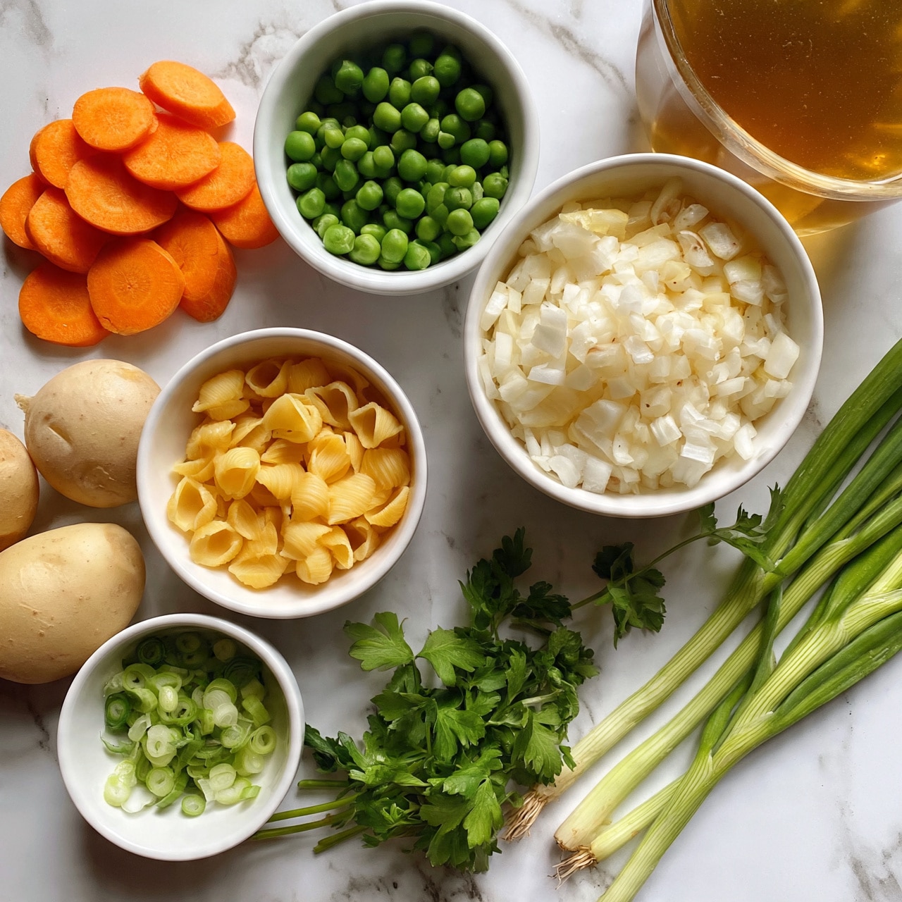 square image The image shows a white marbled surface with several small white bowls and loose vegetables. There are slices of orange carrots and whole light brown potatoes placed directly on the surface. One bowl contains green peas, another bowl holds small yellow pasta shells, and a larger white bowl is filled with finely chopped white onions. A small white bowl has sliced green onions. Fresh green parsley and three green whole onions lay on the white marbled surface near the bowls, along with a glass container filled with golden-brown broth. Photo taken with an iphone --ar 4:5 --v 7