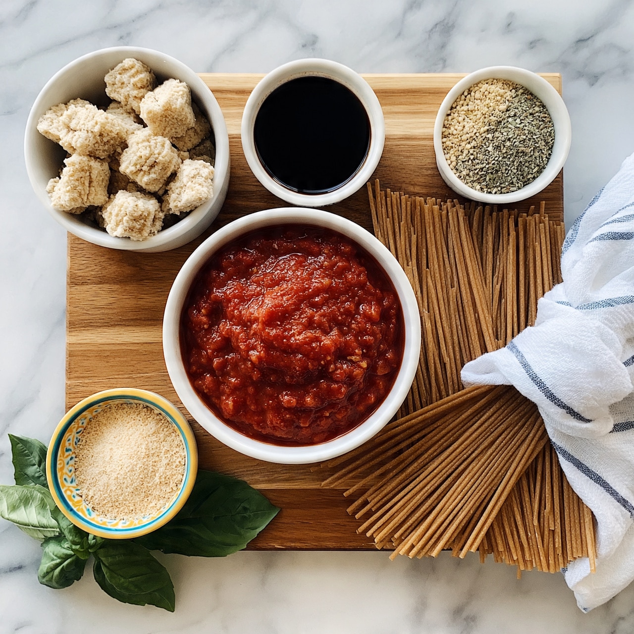 square image A wooden board placed on a white marbled surface holds several bowls and ingredients arranged neatly. There is a large white bowl filled with chunky red tomato sauce in the center. To the top left, a white bowl contains light beige textured chunks, while next to it on the right is a smaller white bowl with dark thick liquid inside. A small white bowl below with some mixed light and dark green and beige dried spices is placed on the upper right. On the bottom left, there is a small white bowl with a yellow and blue pattern on the outer edge, filled with pale beige fine crumbs. Fresh green basil leaves lie next to the bowl on the bottom left. On the right side of the board, uncooked whole wheat spaghetti sticks are bundled in a white cloth with blue stripes, fanning slightly out of the cloth. The background is a white marbled texture. photo taken with an iphone --ar 4:5 --v 7