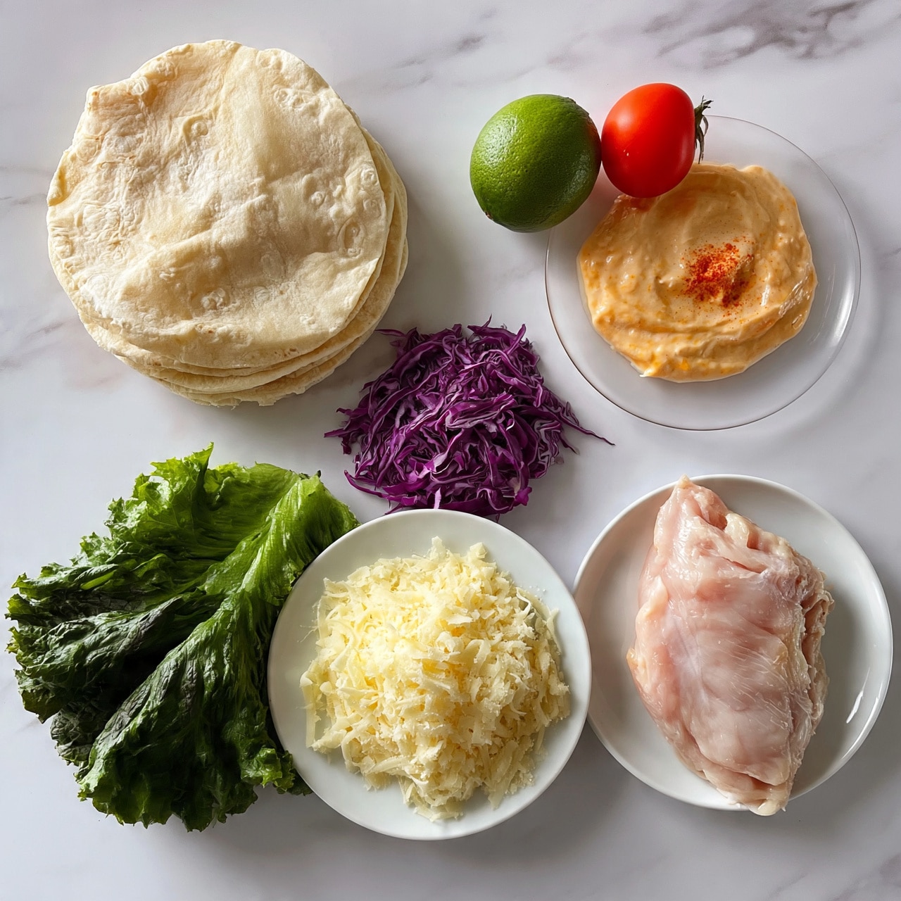 square image The image displays ingredients laid out neatly on a white marbled surface. At the top left, there is a stack of light beige tortillas showing their soft, slightly textured surface. To the right, a whole green lime and a bright red cherry tomato sit next to a clear white plate with a creamy orange sauce topped with a small amount of red spice. Below these, a small pile of shredded purple cabbage contrasts with the other colors. In the bottom left corner, fresh dark green lettuce leaves create a leafy texture. Next to the lettuce, a white plate with a mound of shredded pale yellow cheese is placed. Finally, at the bottom right, there is a single piece of raw light pink chicken on another white plate. No utensils or other items are visible; each ingredient is clearly separated. Photo taken with an iphone --ar 4:5 --v 7