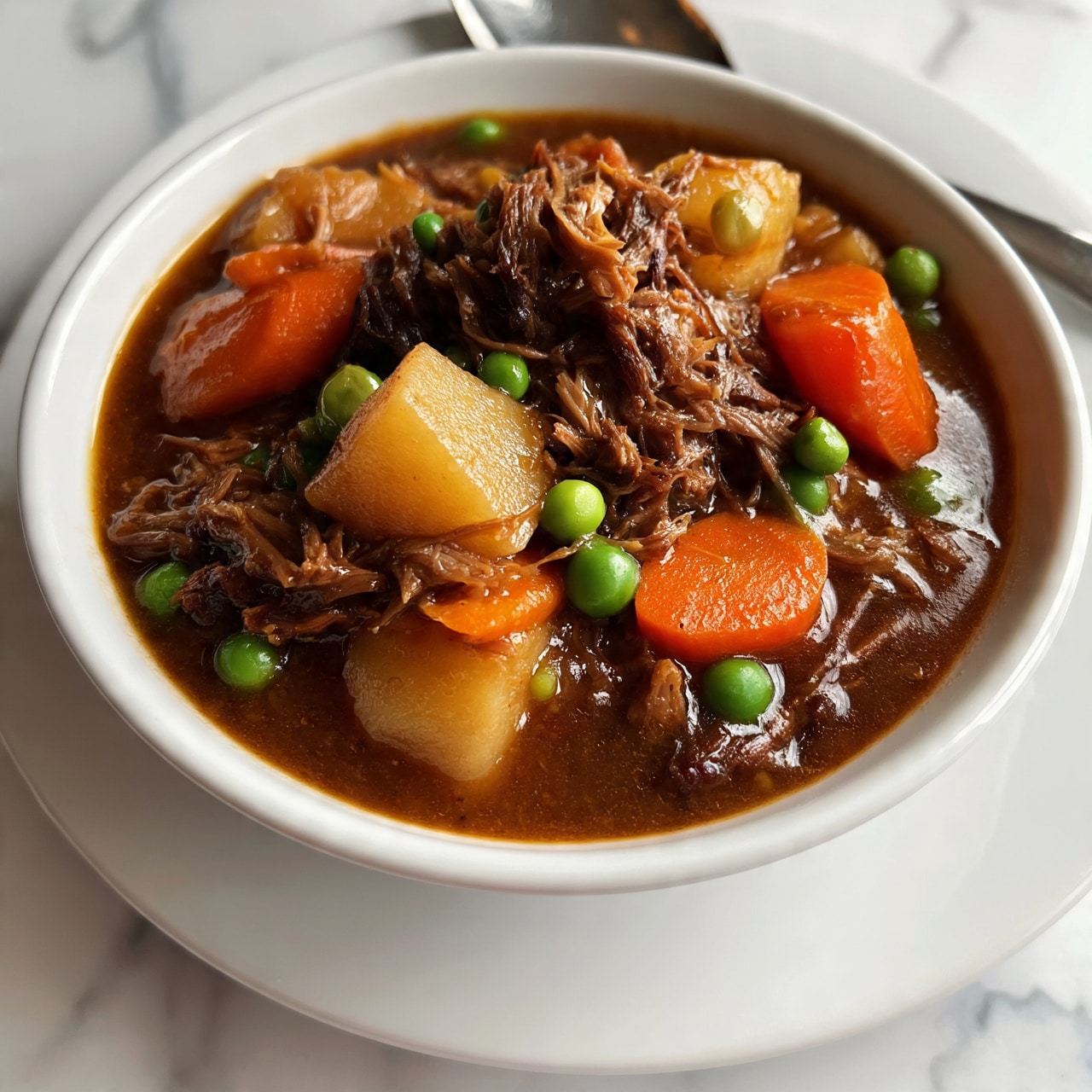 square image A white bowl filled with a thick stew sitting on a white plate, placed on a white marbled surface. The stew has a rich brown sauce with visible chunks of light tan potatoes, bright orange carrot slices, and small round green peas. Shredded pieces of dark brown meat are mixed evenly throughout the stew, adding a textured layer. The spoon rests on the plate behind the bowl. photo taken with an iphone --ar 4:5 --v 7