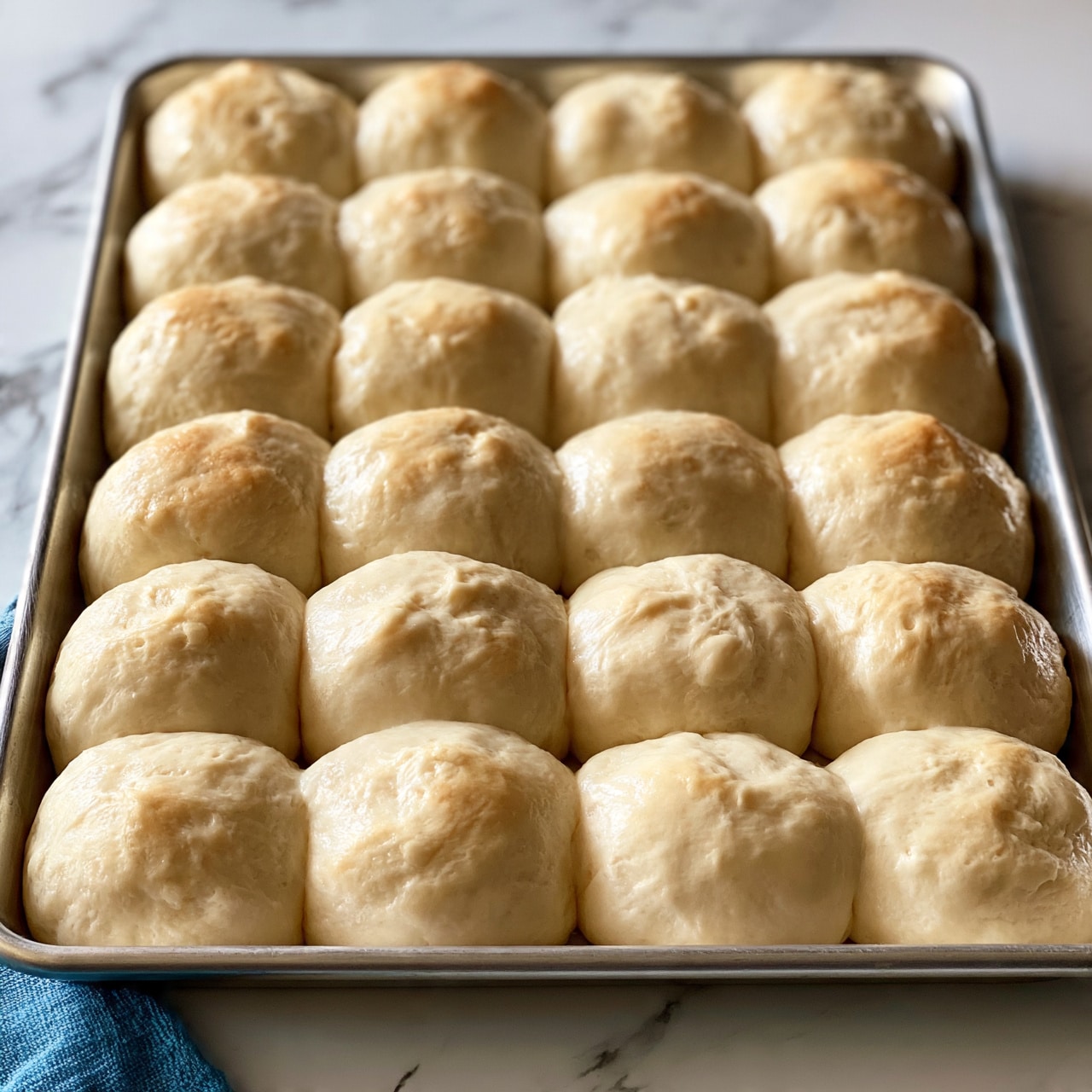 square image A close-up view of a square metal baking tray filled with 25 soft, light beige dough balls arranged in five rows and five columns. Each dough ball has a smooth surface, with slight unevenness showing the dough's fluffy texture. The dough pieces are touching each other, filling the tray completely. The tray is placed on a white marbled surface with a small corner of a blue cloth visible underneath on the left side. The lighting highlights the soft and slightly glossy texture of the dough. photo taken with an iphone --ar 4:5 --v 7