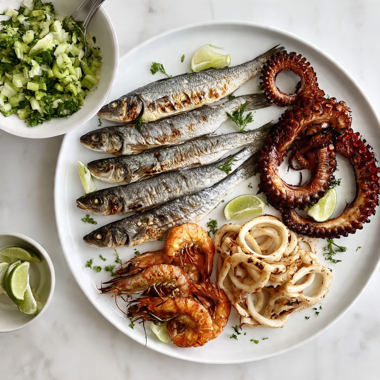 square image  A large white plate shows a seafood dish with five grilled whole fish placed horizontally across the plate; the fish have grayish skin with char marks. On the right side, two large grilled octopus tentacles spiral with deep red and brown colors. Below the fish, several grilled shrimp with orange and pink shells lie next to a small pile of curled grilled squid rings, which are pale beige with grill marks. The plate is garnished with small green herb sprigs and several lime wedges placed on and around the seafood. To the upper left, a white bowl holds chopped celery mixed with fresh green herbs and a spoon. Below this, a small white bowl contains lime wedges. All items rest on a white marbled surface. Photo taken with an iphone --ar 4:5 --v 7