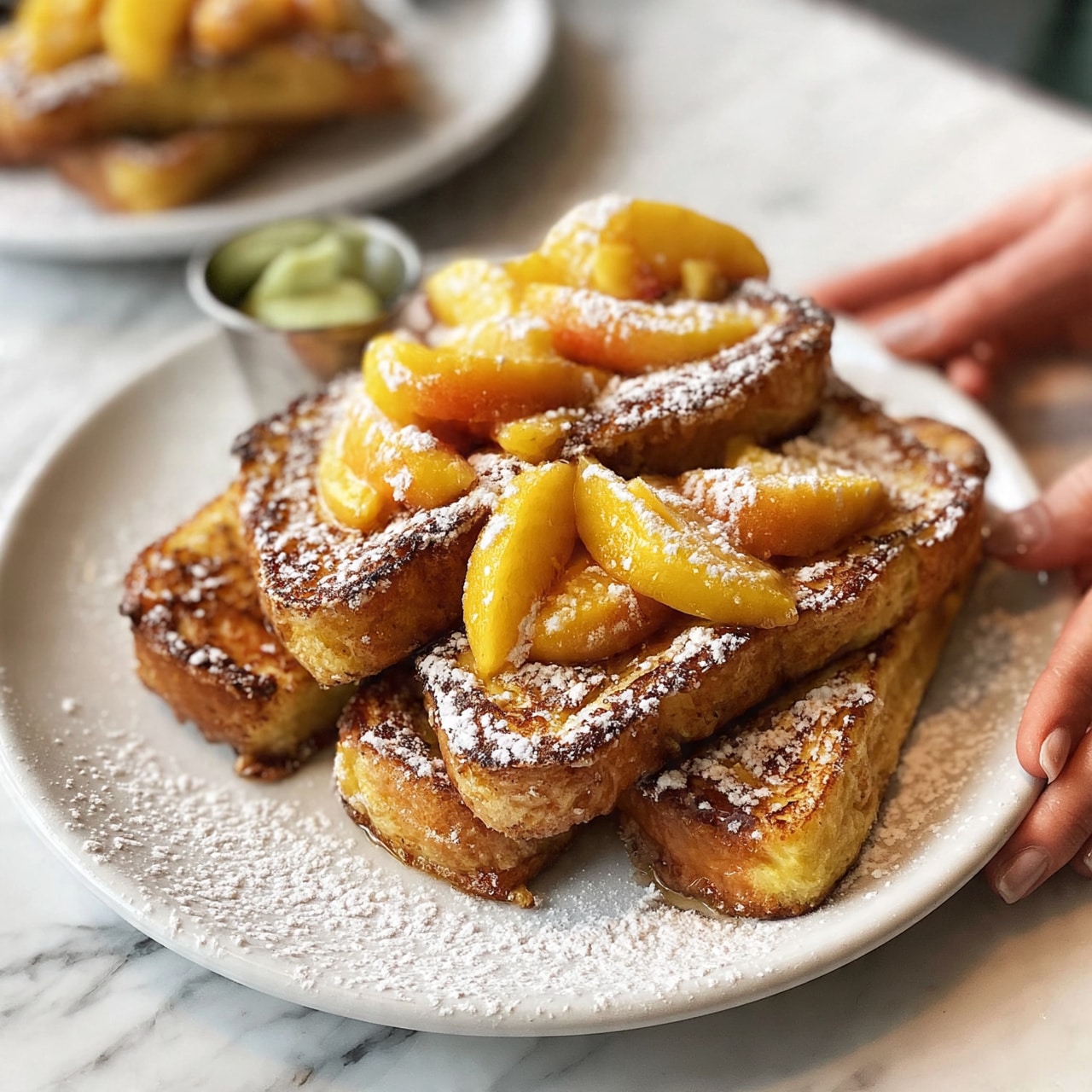 square image The image shows a white plate filled with thick slices of golden brown French toast stacked slightly unevenly. The French toast is topped with soft peach slices that have a warm, orange-yellow color and look juicy. A dusting of powdered sugar lightly covers the toast and peaches, adding a snowy white texture on top. Beside the toast on the plate, there is a small silver cup filled with light green butter. In the background, another white plate with more French toast is visible but out of focus. The whole scene is set on a white marbled surface, and a woman's hand is gently holding the plate from the side. photo taken with an iphone --ar 4:5 --v 7