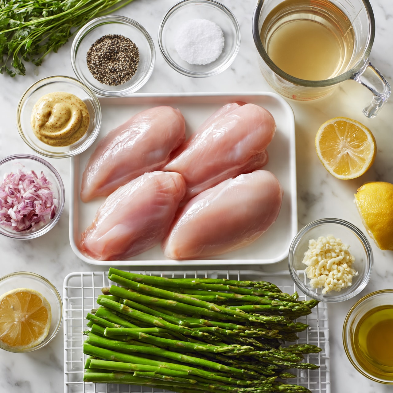 square image The image shows a white tray with four raw chicken fillets, smooth and pale pink in color, placed near the center. Below the tray, there is a bunch of bright green asparagus spears arranged neatly on a white cooling rack. Around the tray and asparagus, small clear glass bowls hold various ingredients: one with light yellow mustard, one with black pepper, one with white salt, one with small chopped red shallots, and one with minced white garlic. Also, two halves of a bright yellow lemon lie near these bowls, along with a clear glass measuring cup filled with light golden broth and a small clear bowl containing golden olive oil. On the top left, a bunch of fresh green herbs adds depth. All items are laid on a white marbled surface. photo taken with an iphone --ar 4:5 --v 7