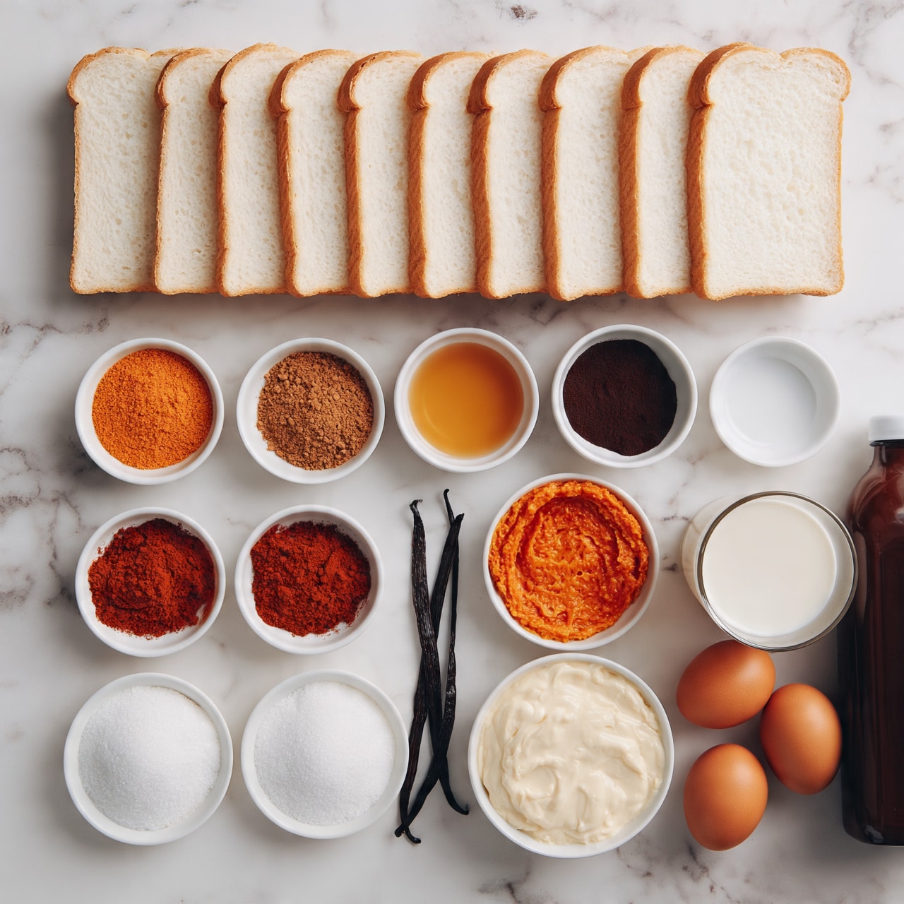 square image The image shows a white marbled surface with a neat arrangement of ingredients for a recipe. At the top, there is a row of seven slices of white bread. Below them are small white bowls holding different items: two with ground spices (one orange, one brown), one with honey-colored liquid, one with dark brown powder, one with a red-orange paste, and smaller bowls containing white granulated sugar, vanilla beans, and a thick cream-like substance. Additionally, there is a glass of milk and three brown eggs placed in the lower part of the image, along with a dark brown bottle on the right side. The photo taken with an iphone --ar 4:5 --v 7