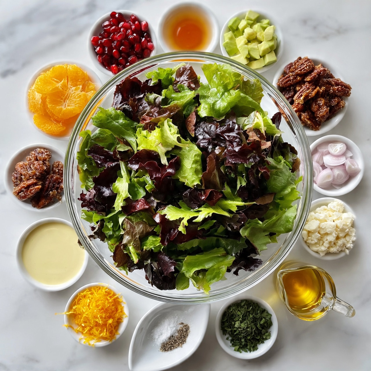 square image The image shows a clear glass bowl at the bottom filled with fresh mixed green salad leaves in various shades of green and dark purple. Surrounding the bowl are 12 small white dishes arranged neatly, each holding different ingredients: bright orange mandarin segments, vivid red pomegranate seeds, light green diced avocado, candied pecans with a brown sugary coating, creamy light yellow dressing, finely sliced shallots, crumbly white cheese, bright orange zest on a tiny dish, minced garlic, a pale amber liquid in a small bowl, a small amount of salt and pepper together on an oval dish, a tiny amount of dried green herbs in a small bowl, and a golden oil in a pitcher. The dishes and bowl are placed on a white marbled surface. photo taken with an iphone --ar 4:5 --v 7