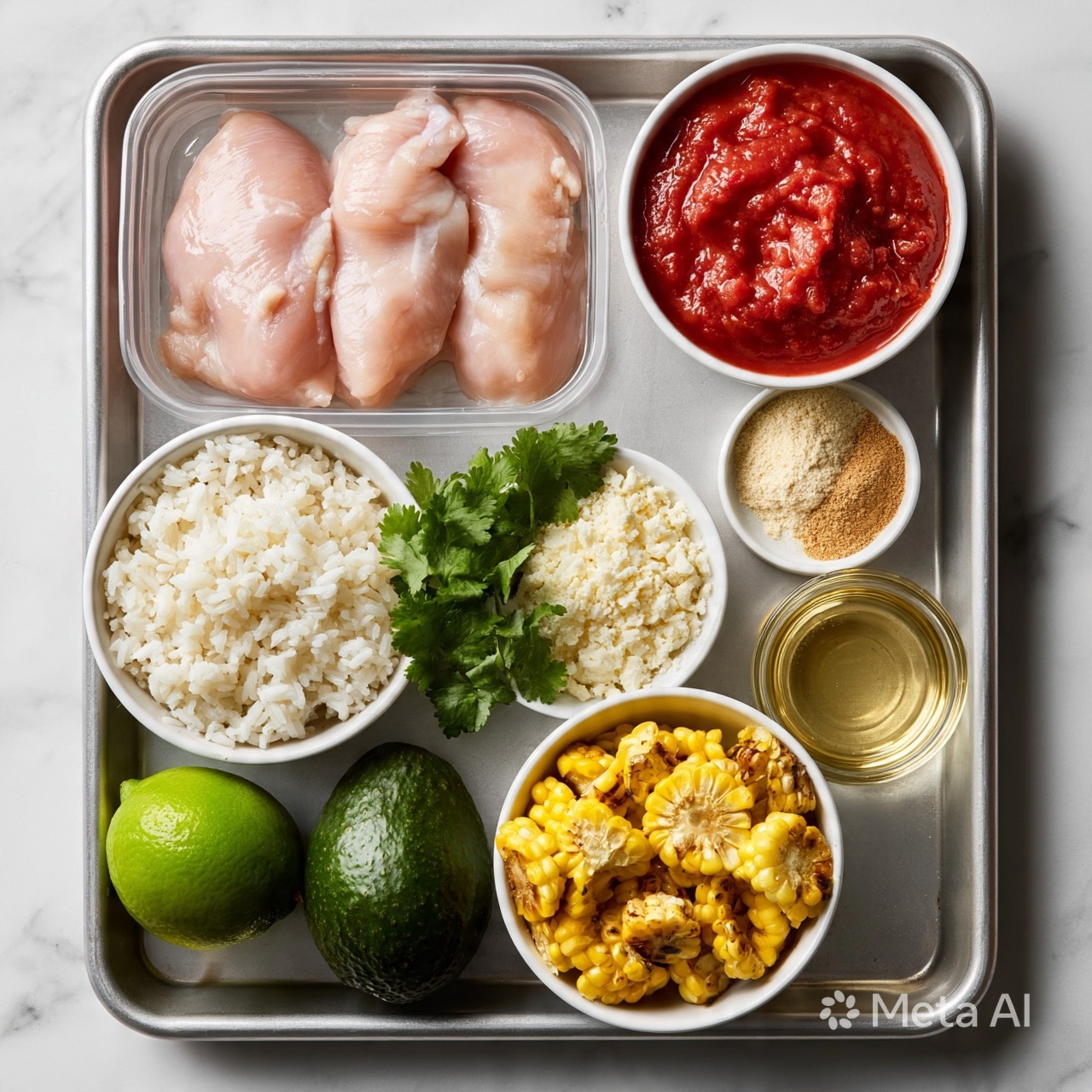 square image A rectangular baking tray holds several ingredients neatly arranged on a white marbled surface. At the top left, three raw pale pink chicken fillets sit in a clear plastic container. To the right, there is a white bowl filled with a thick red sauce. Below it, a smaller white bowl contains two powders, one light beige and the other light brown. On the left side below the chicken, a white bowl is full of cooked white rice. Next to it on the right, another white bowl holds crumbly white cheese. A cluster of fresh green cilantro leaves rests beside the cheese. On the bottom left of the tray, a bright green lime and a dark green avocado are placed side by side. To the right, there is a white bowl filled with grilled corn pieces that are yellow with light brown grill marks. Beside the corn bowl, a small white bowl contains a clear golden liquid. The whole scene looks clean and organized. Photo taken with an iphone --ar 4:5 --v 7