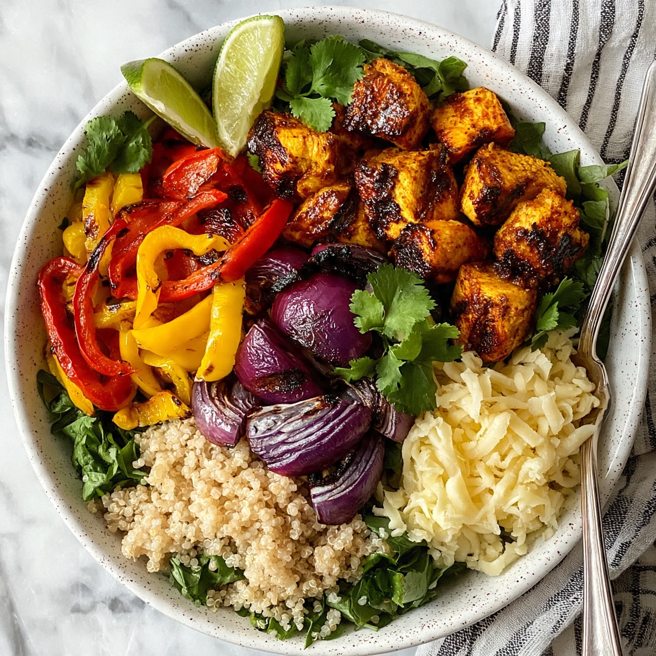 square image The image shows a white speckled bowl filled with several colorful layers. At the base, there is a bed of light green leafy greens mixed with quinoa grains that have a pale beige color. On top, there are grilled red and yellow bell pepper slices, along with roasted purple onion quarters. Next to these vegetables, there are chunks of golden brown grilled chicken with visible grill marks. A few lime wedges rest on the edge of the bowl, and fresh green cilantro leaves are scattered for garnish. In one section, shredded pale yellow cheese is placed near a silver spoon in the bowl. The bowl is set on a white marbled surface with a striped cloth nearby. Photo taken with an iphone --ar 4:5 --v 7