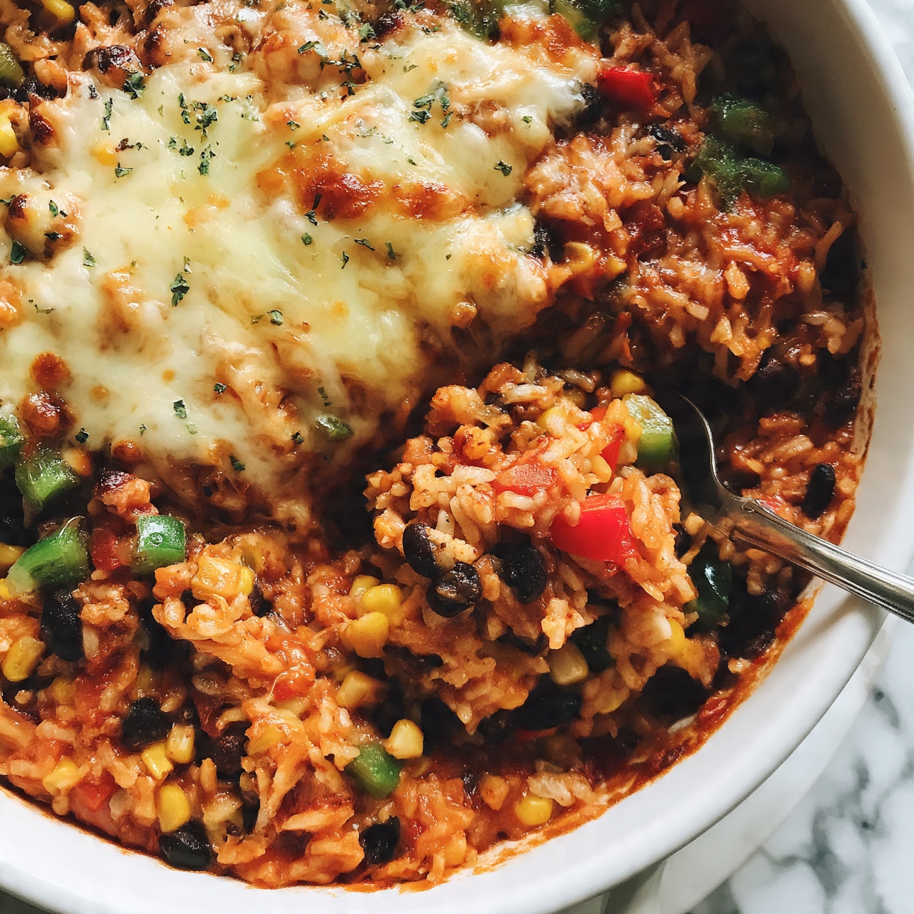 square image A white pot filled with a colorful layered rice dish, showing a mix of orange and red tomato sauce-coated rice, black beans, and yellow corn kernels. Scattered green bell peppers and red diced peppers add bright color. The top layer is melted pale yellow cheese slightly browned in spots with small green herbs sprinkled over. A silver spoon scoops a portion, revealing the moist texture of rice, beans, corn, and peppers all mixed together. The pot sits on a surface with a white marbled texture. Photo taken with an iphone --ar 4:5 --v 7