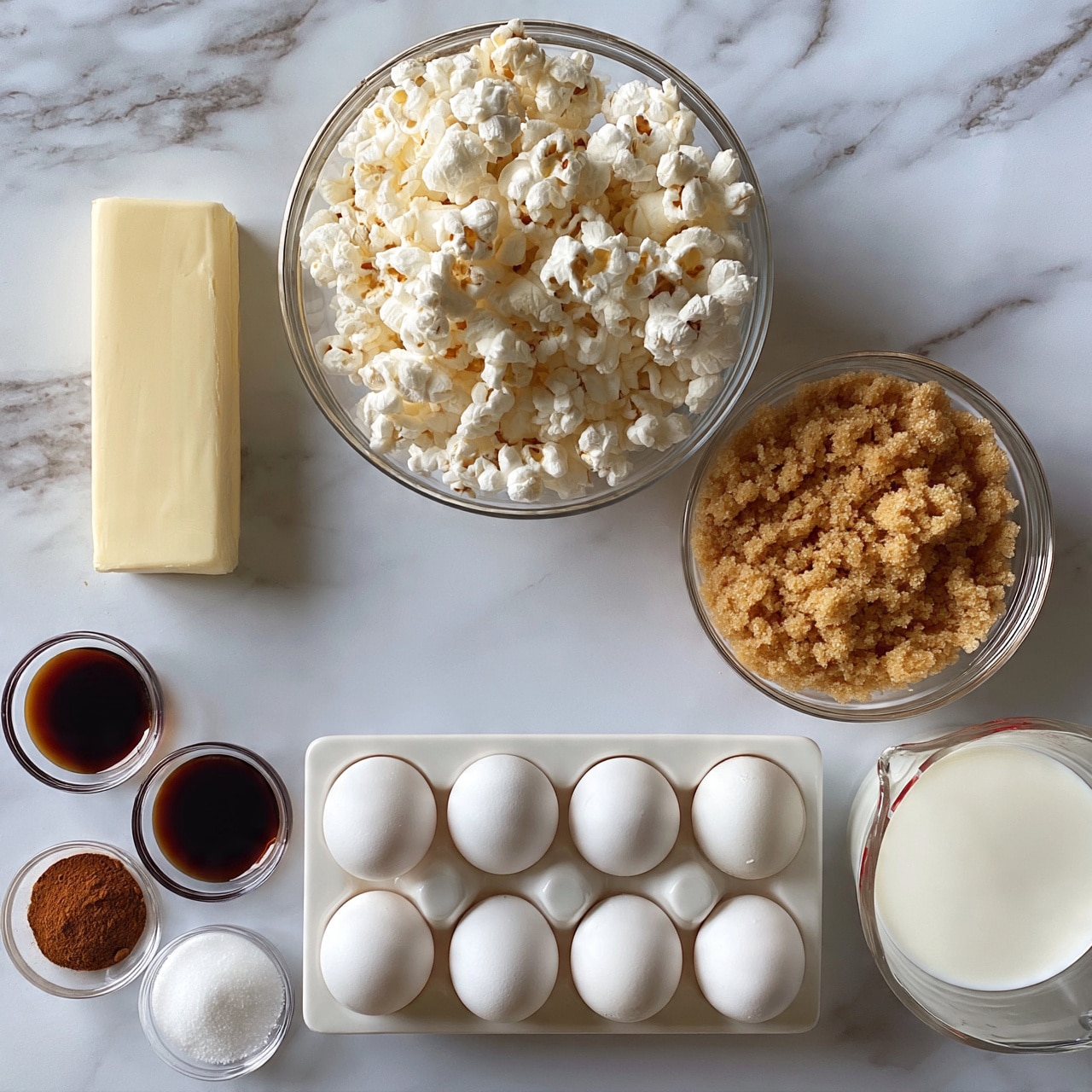 square image The image shows ingredients on a white marbled surface. There is a clear glass bowl filled with big white popcorn pieces. Next to it is a clear bowl with light brown sugar. To the left, there is a stick of butter placed on the marble surface. Below, there is a white egg carton holding six white eggs. To the left of the eggs, there are small clear bowls with dark brown vanilla extract, cinnamon powder, and baking soda. On the right side, there is a clear measuring cup filled with white milk. The scene is bright and clean, with all items neatly arranged. photo taken with an iphone --ar 4:5 --v 7