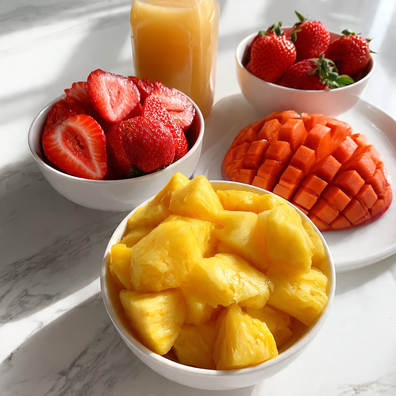 square image The image shows four white bowls on a white marbled surface. The first bowl in front is filled with bright yellow pineapple chunks. Behind it, there is a bowl filled with halved ripe red strawberries showing their juicy texture. To the right of the strawberries, another bowl holds whole red strawberries with green tops. A white plate nearby contains a ripe mango, scored with deep grid cuts revealing its deep orange flesh. Close to the bowls is a clear glass bottle filled with light orange juice. All the items are arranged neatly and the colors are vivid and fresh. photo taken with an iphone --ar 4:5 --v 7