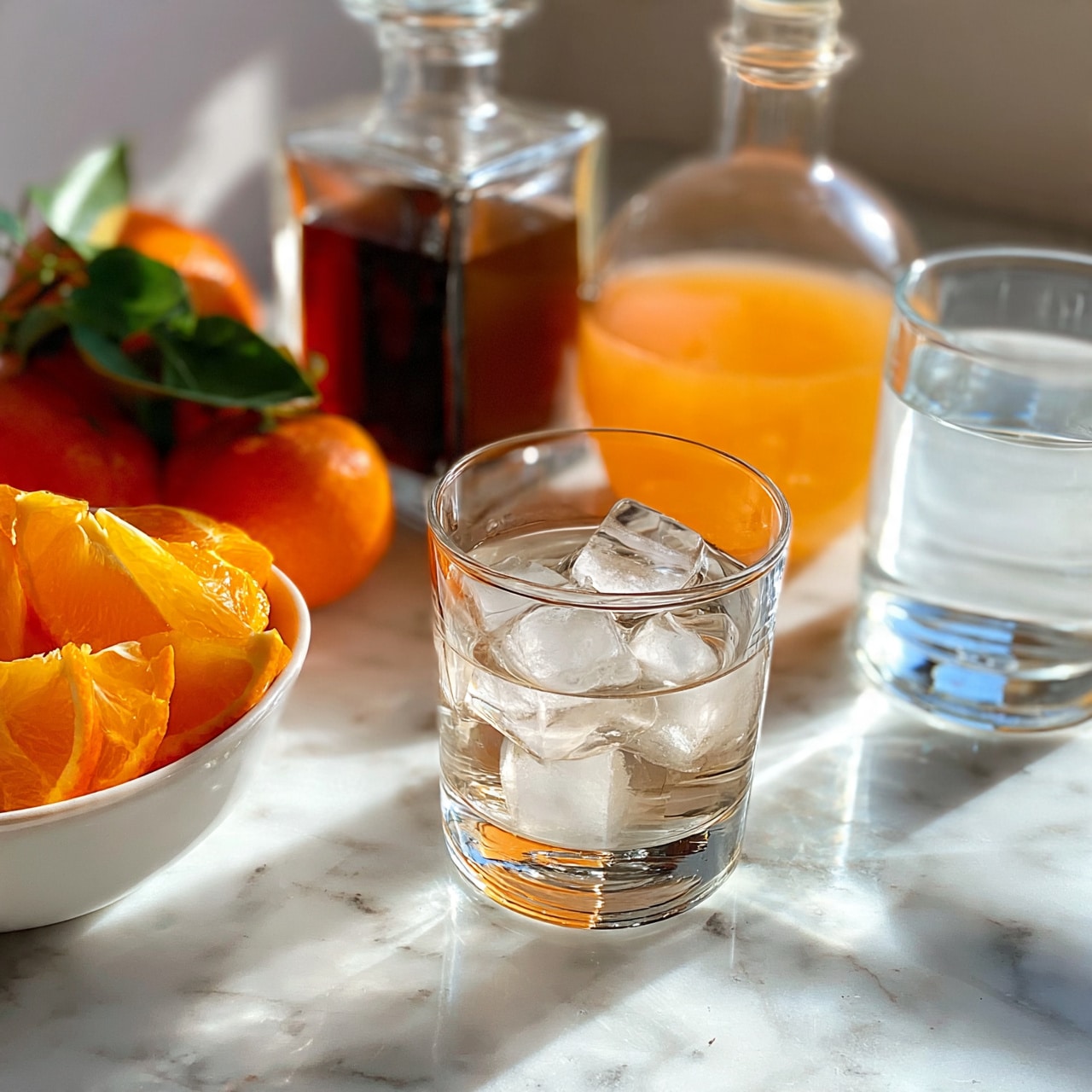 square image The image shows a clear glass with ice cubes in the center on a white marbled surface, surrounded by ingredients. To the left, there is a white bowl with orange slices and whole tangerines with green leaves beside it. Behind the glass, there is a square bottle with dark brown liquid and a round bottle with light orange liquid. To the right, there is a clear glass of water. The colors are bright with mostly white, orange, and clear elements. Photo taken with an iphone --ar 4:5 --v 7