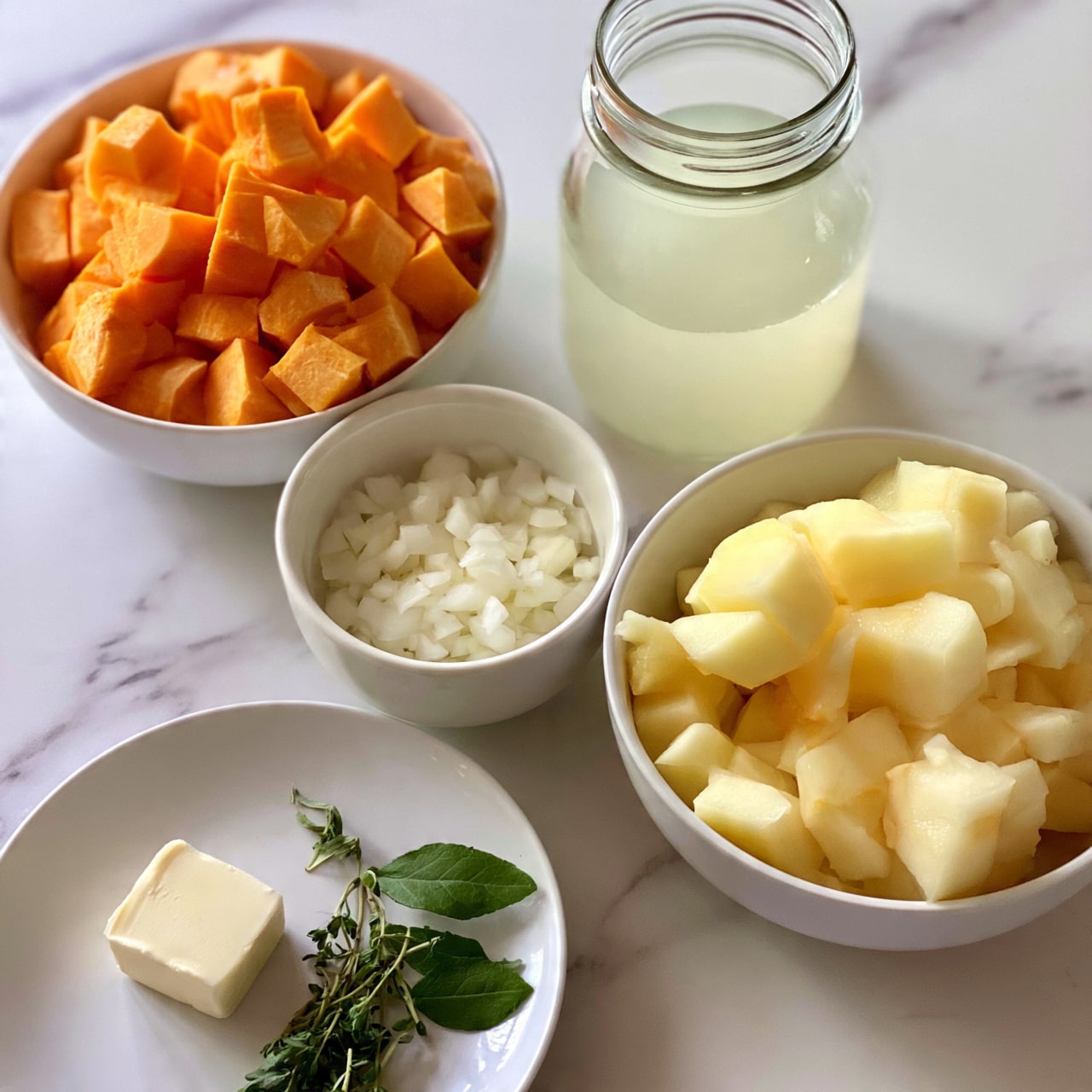 square image The image shows several bowls and a jar on a white marbled surface. Starting from the top left, there is a white bowl filled with bright orange cubed pieces, likely sweet potatoes. To the right, there is a clear jar containing a pale, light-colored liquid. Below the jar, there is a white bowl with small white chopped pieces, probably onions. Next to that, a white bowl holds pale yellow cubed pieces that look like apples or potatoes. In the front left, a white plate has a small square of butter and some green herbs with a few whole leaves placed nearby. The overall colors are warm orange, pale yellow, white, and fresh green against the white marbled background. Photo taken with an iphone --ar 4:5 --v 7