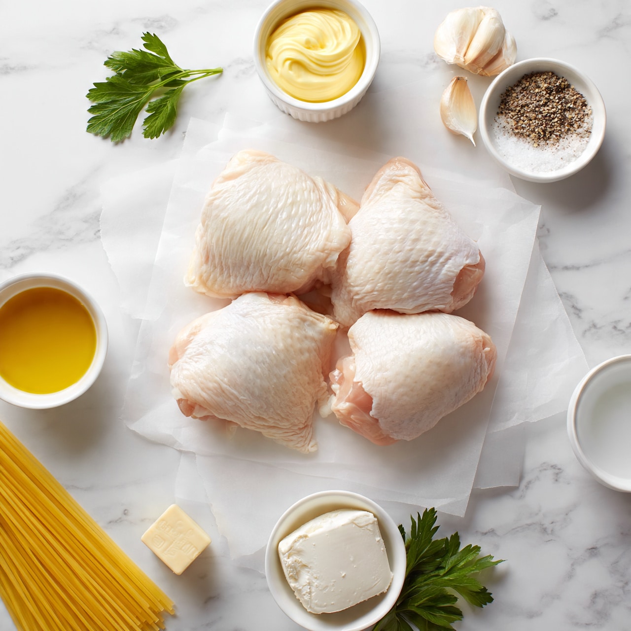 square image Four raw chicken pieces with light pink skin lay on a sheet of white parchment paper in the center of a white marbled surface. To the top right, two peeled garlic cloves and a small white bowl filled with a mix of ground pepper and salt sit side by side. Above the chicken, a white ramekin holds creamy yellow mayonnaise. Near the top left, fresh green parsley leaves add a pop of color. On the bottom left, a bunch of uncooked yellow spaghetti lies diagonally. Next to it, a small white bowl contains golden oil, and nearby is a small stick of butter with measurement markings. At the bottom center, a white bowl holds a block of soft white cream cheese, with more green parsley leaves beside it. At the bottom right, another white bowl contains a clear liquid. photo taken with an iphone --ar 4:5 --v 7