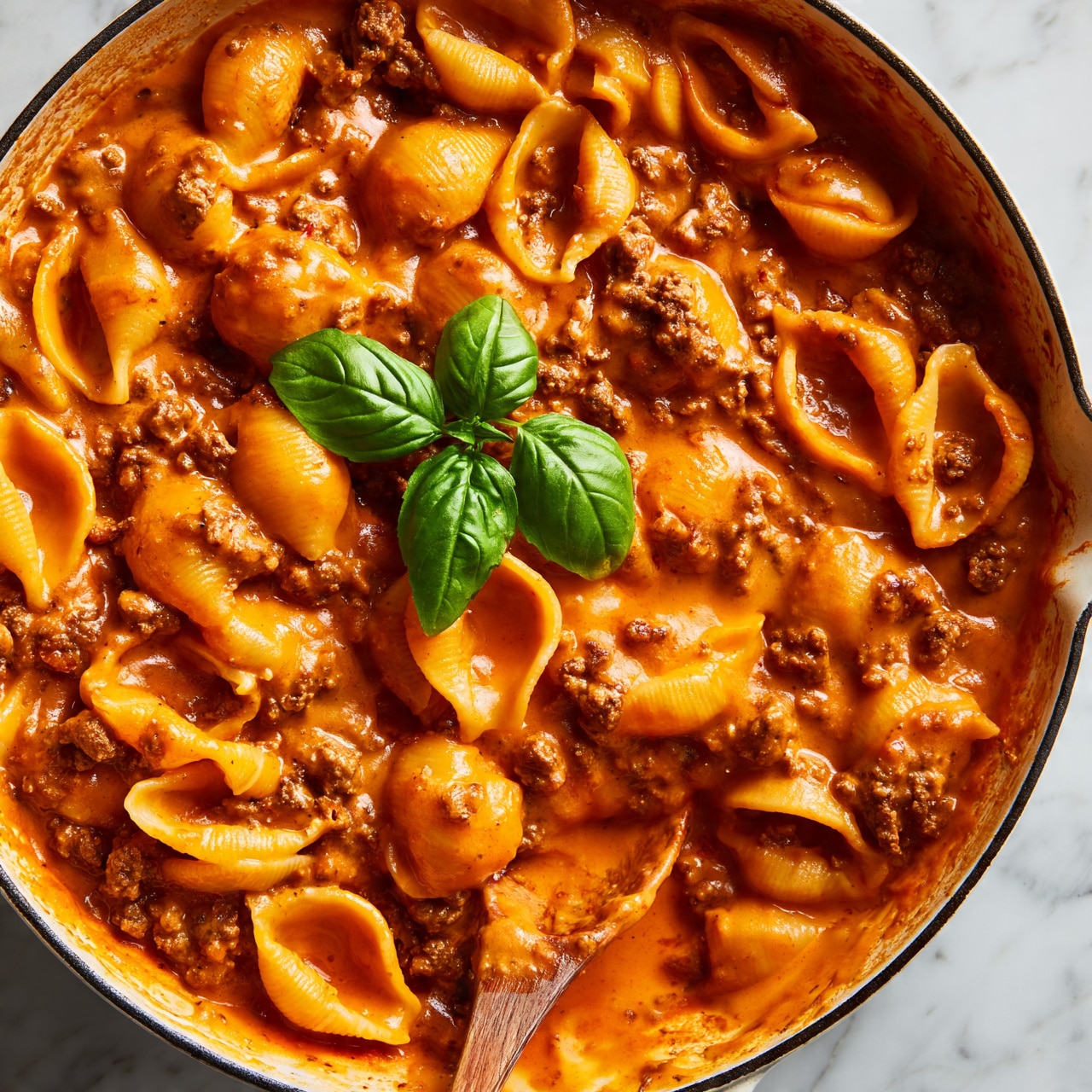 square image A skillet filled with three layers of pasta shells mixed with thick, creamy, orange-red meat sauce, coating each shell evenly. The pasta appears soft with a smooth texture, and small bits of browned ground meat are spread throughout the sauce. On top, three bright green fresh basil leaves are placed, adding a pop of color. A wooden spoon is partially submerged in the pasta near the bottom center, with sauce clinging to it. The skillet rests on a white marbled surface. Photo taken with an iphone --ar 4:5 --v 7square image