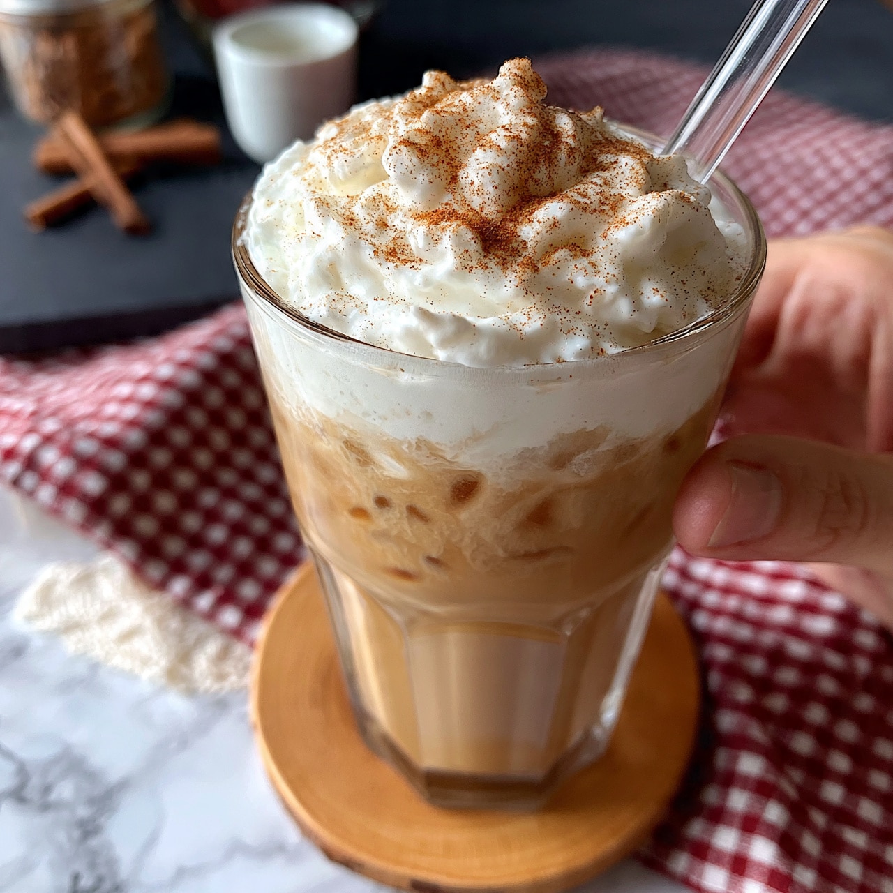 square image A clear glass filled with light brown iced coffee topped with a thick layer of white whipped cream dusted with light brown cinnamon powder sits on a round wooden coaster. The iced coffee has visible ice cubes inside. A clear straw is placed in the drink, and a woman's hand is holding the glass on the right side. The background features a dark surface with a jar, cinnamon sticks, and a small white cup, all placed on a red and white checkered cloth that covers part of the white marbled texture beneath. photo taken with an iphone --ar 4:5 --v 7