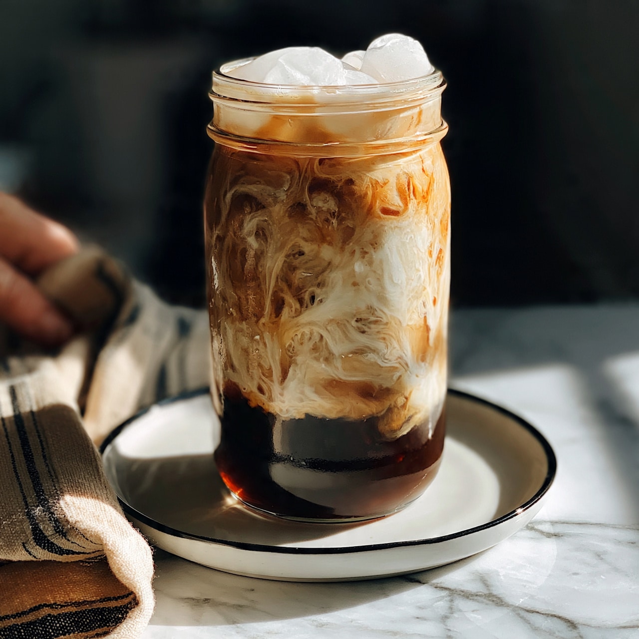 square image A tall glass jar filled with iced coffee showing clear layers: dark brown coffee at the bottom, a mix of light brown and creamy colors swirling in the middle, topped with white ice cubes. The jar sits on a white plate with a black edge, placed on a white marbled surface. The background is blurry and dark, with part of a woman's hand holding a beige and black striped cloth visible on the left side. The lighting highlights the shiny texture of the glass and the coolness of the ice, making the drink look refreshing. photo taken with an iphone --ar 4:5 --v 7