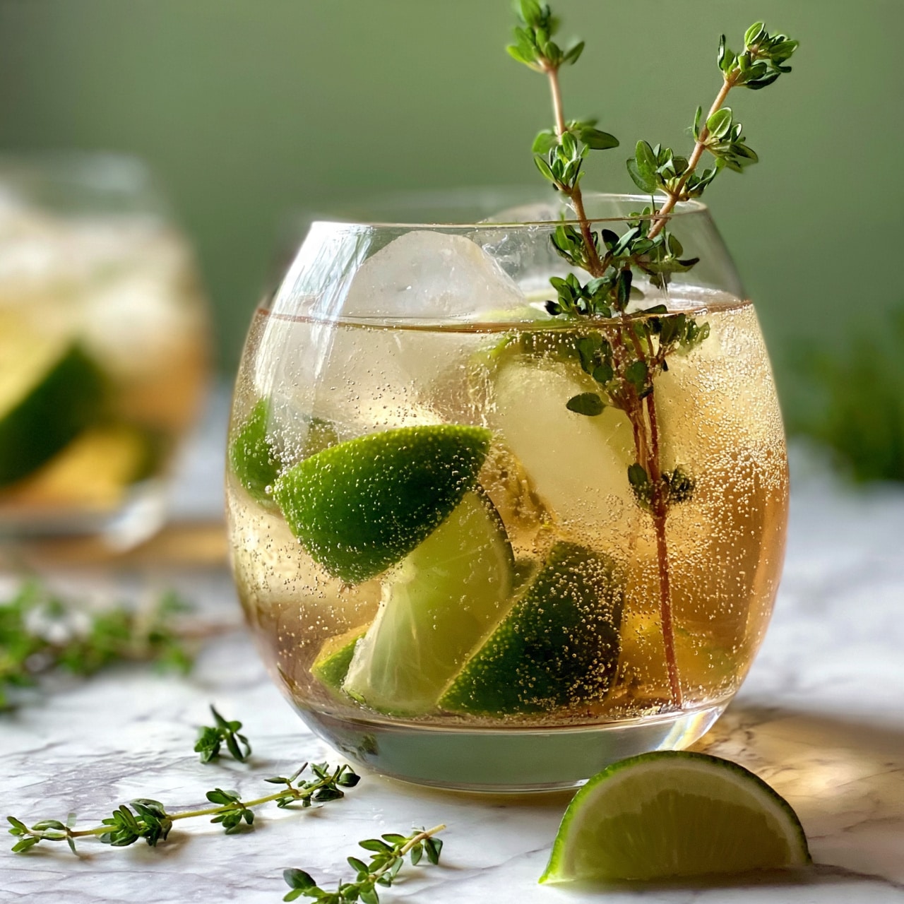 square image The image shows a round, clear glass filled with a light brown drink with bubbles. Inside the drink, there are green lime wedges and several large ice cubes. Three green thyme sprigs stick out from the top of the glass. The glass sits on a light wooden surface with scattered thyme leaves and a lime wedge in front. In the background, there is a blurred second glass with a similar drink and lime wedges on the right, all set against a soft green backdrop. The surface has been changed to a white marbled texture. Photo taken with an iphone --ar 4:5 --v 7