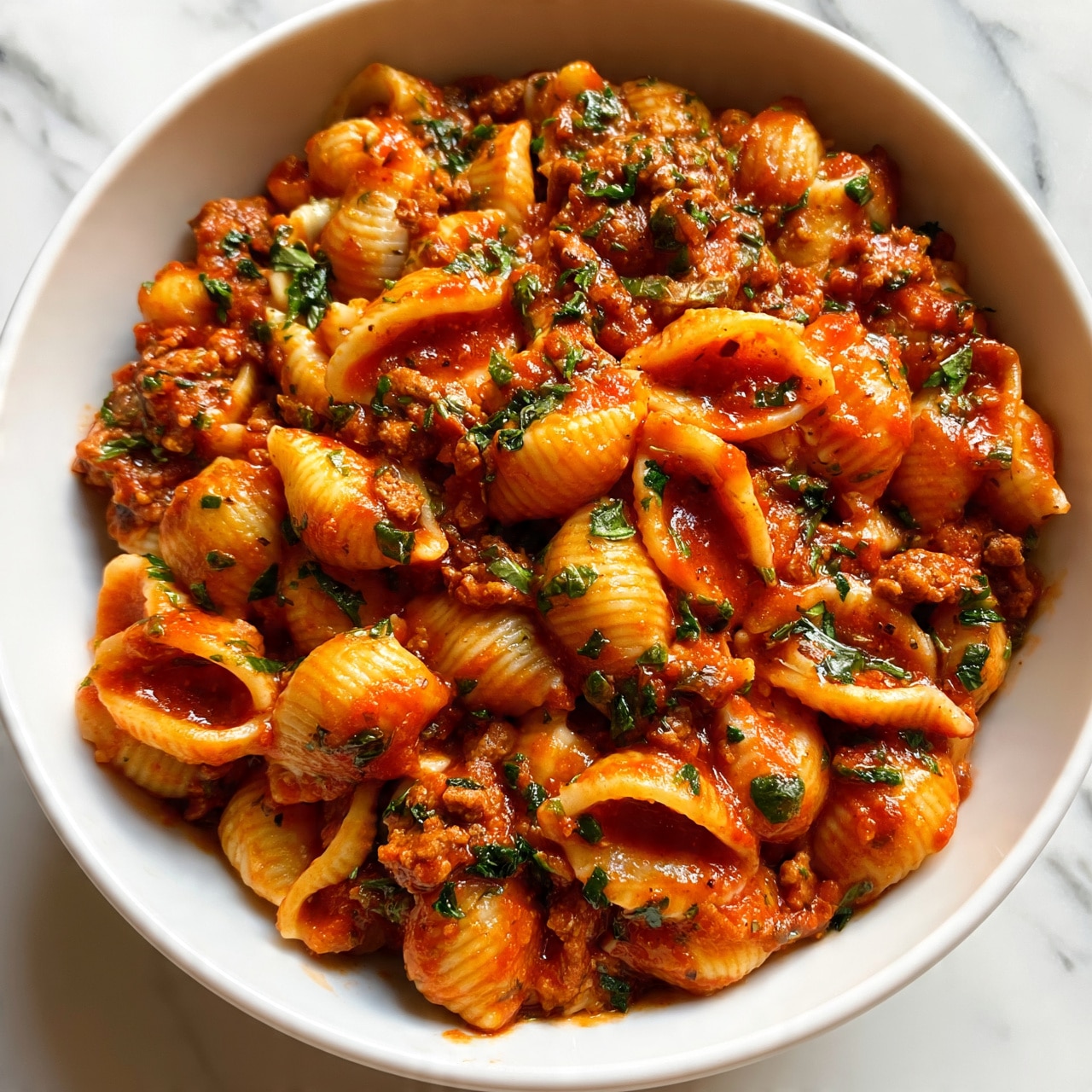 square image The image shows a white bowl filled with a rich tomato-based pasta dish. The pasta shells are coated evenly with a thick red sauce that has visible small pieces of ground meat and finely chopped green herbs scattered throughout. The sauce looks smooth with a slightly shiny finish, and the pasta shells are plump and soft. The bowl sits on a white marbled surface, and the overall color palette is warm with shades of red, brown, and green. photo taken with an iphone --ar 4:5 --v 7
