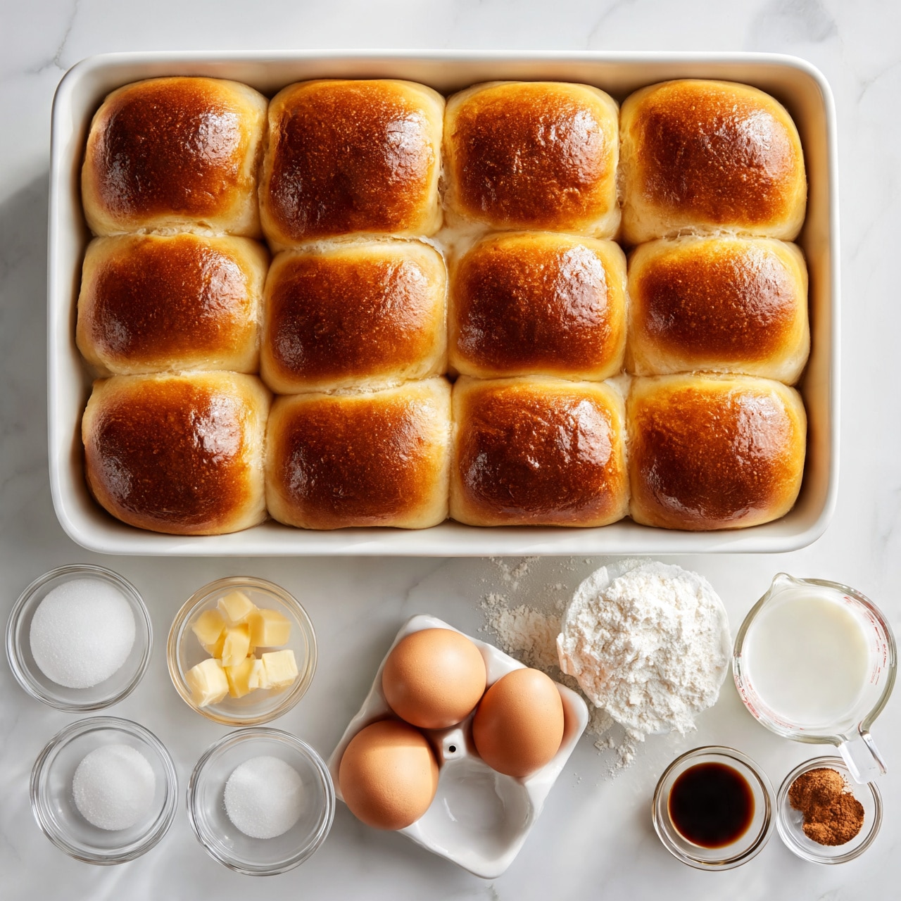 square image The image shows a set of 12 soft, golden-brown dinner rolls arranged closely in a white square baking pan. Below the pan, on a white marbled surface, there are small clear glass bowls containing white sugar, small cubes of pale yellow butter, and white flour. Additionally, there are three brown eggs resting in a white egg carton, a clear measuring cup with milk, a small bowl with dark brown vanilla extract, and two small bowls with cinnamon and nutmeg. The lighting softly highlights the shiny texture of the rolls and the smooth surfaces of the ingredients. photo taken with an iphone --ar 4:5 --v 7