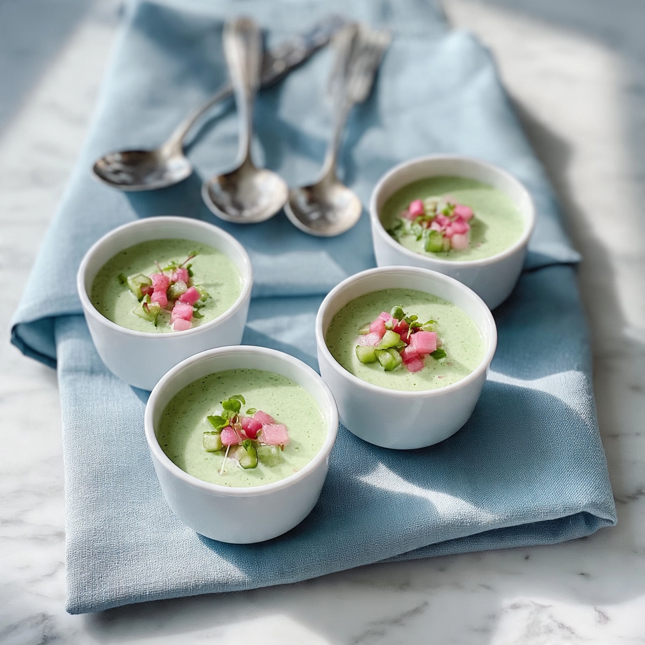 square image There are four white small cups filled with light green creamy soup placed on a light blue cloth. Each cup has a few small pieces of pink and green vegetable cubes on top, along with tiny green leaves as garnish. Behind the cups, three silver spoons are placed on the cloth. The whole scene is set on a white marbled surface. photo taken with an iphone --ar 4:5 --v 7