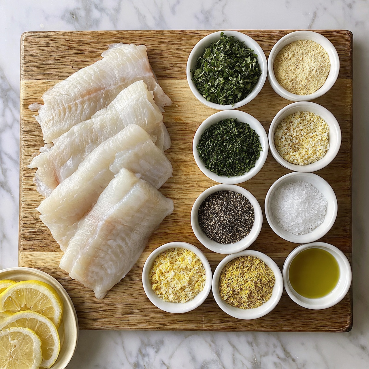 square image The image shows a wooden board on a white marbled surface with fresh, raw white fish fillets placed on the left side. Surrounding the fish are seven small white bowls arranged in a loose circle, each filled with different ingredients: finely chopped green herbs, a light yellow powder, finely ground black pepper, sea salt, a coarse yellow mix, and an olive oil pool. A small plate with three lemon slices is placed on the bottom left corner. The textures range from smooth fish to granular spices and fresh herbs, all neatly organized for cooking preparation. photo taken with an iphone --ar 4:5 --v 7