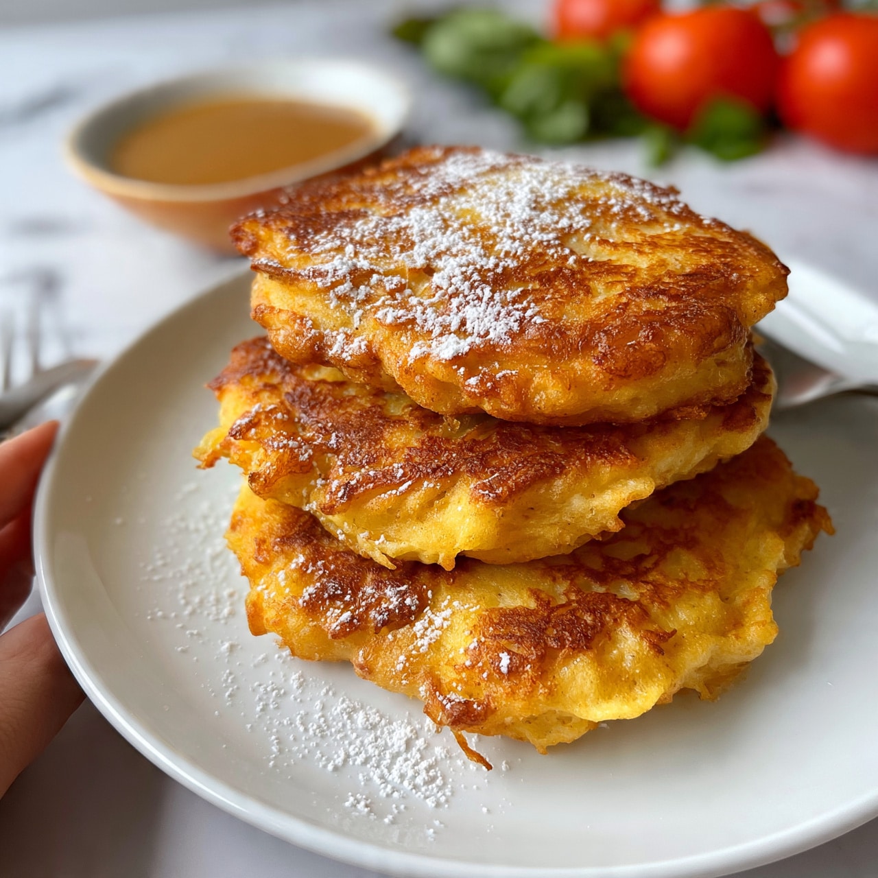 square image The image shows three golden brown fritters stacked on top of each other on a white plate, dusted lightly with powdered sugar. The fritters have a crispy, slightly uneven texture with a soft, warm inside visible at the edges. In the background, there is a small bowl with a light brown sauce and some fresh tomatoes and leafy greens on a white marbled surface. A woman's hand holding a fork is seen near the plate. Photo taken with an iphone --ar 4:5 --v 7