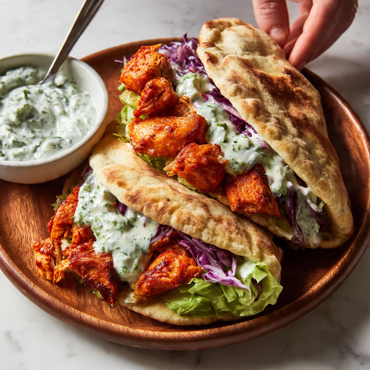 square image The image shows two thick flatbreads folded and filled with pieces of reddish-orange cooked chicken, sitting on a wooden plate. Inside the flatbreads, there is a layer of green lettuce, shredded purple cabbage, and a drizzle of white sauce with green herbs. To the left on the plate, a small white bowl contains more of the same white sauce with green herbs. A spoon is resting inside the bowl, and a woman’s hand is about to take some sauce. The plate is placed on a white marbled surface. Photo taken with an iphone --ar 4:5 --v 7