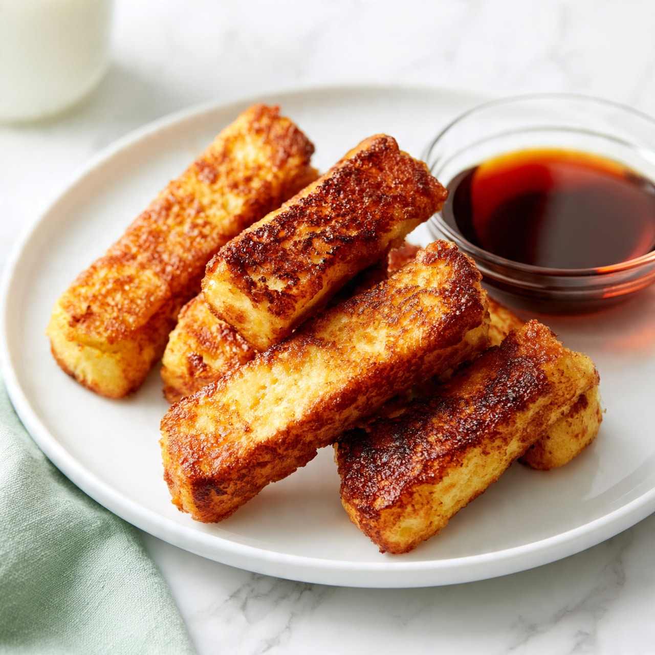 square image A white round plate holds several golden-brown French toast sticks arranged in a slightly messy pile, showing a crispy, slightly rough texture on the outside. Next to the toast sticks is a small clear glass bowl filled with dark amber syrup, which has a smooth and shiny surface. The plate is placed on a white marbled surface, and a light green cloth is partially visible beneath the plate's edge. A glass of milk is seen in the upper left corner, slightly out of focus, adding a soft white contrast to the scene. Photo taken with an iphone --ar 4:5 --v 7