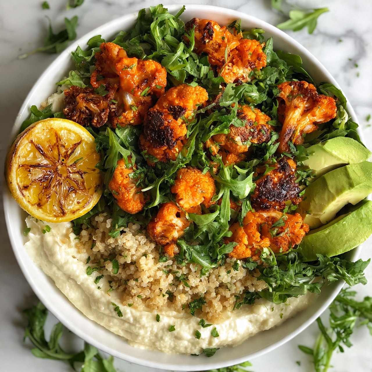 square image The image shows a white bowl filled with a colorful dish arranged in layers. The bottom layer is a creamy white spread, smooth in texture. On top of that is a layer of light beige quinoa with small, round grains. Over the quinoa are pieces of roasted cauliflower, bright orange with some dark brown charred spots. Fresh green arugula leaves are scattered throughout, adding a vibrant green color. A grilled lemon half with a bright yellow color and char marks sits on one side, while two slices of light green avocado rest on the other side. The dish is garnished with small bits of chopped herbs. The bowl is placed on a white marbled surface with scattered arugula leaves around it. photo taken with an iphone --ar 4:5 --v 7
