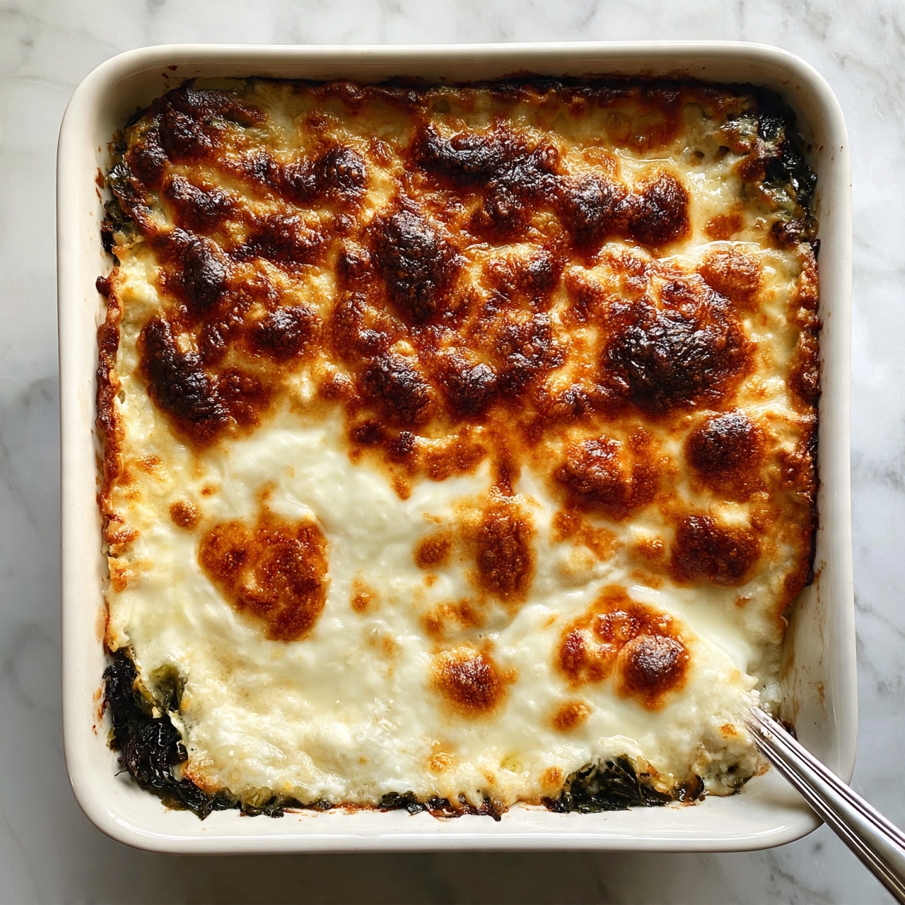 square image A white rectangular baking dish holds a baked dish with three main layers visible. The bottom layer consists of dark green leafy vegetables around the edges. Above that is a thick layer of white melted cheese and creamy sauce, melted unevenly with patches of light golden brown spots scattered across the surface. The top layer is a bubbly, browned cheese crust that has a slightly crispy texture around the edges. A silver spoon is partially stirring the dish from the bottom right corner. The dish is placed on a white marbled surface. photo taken with an iphone --ar 4:5 --v 7