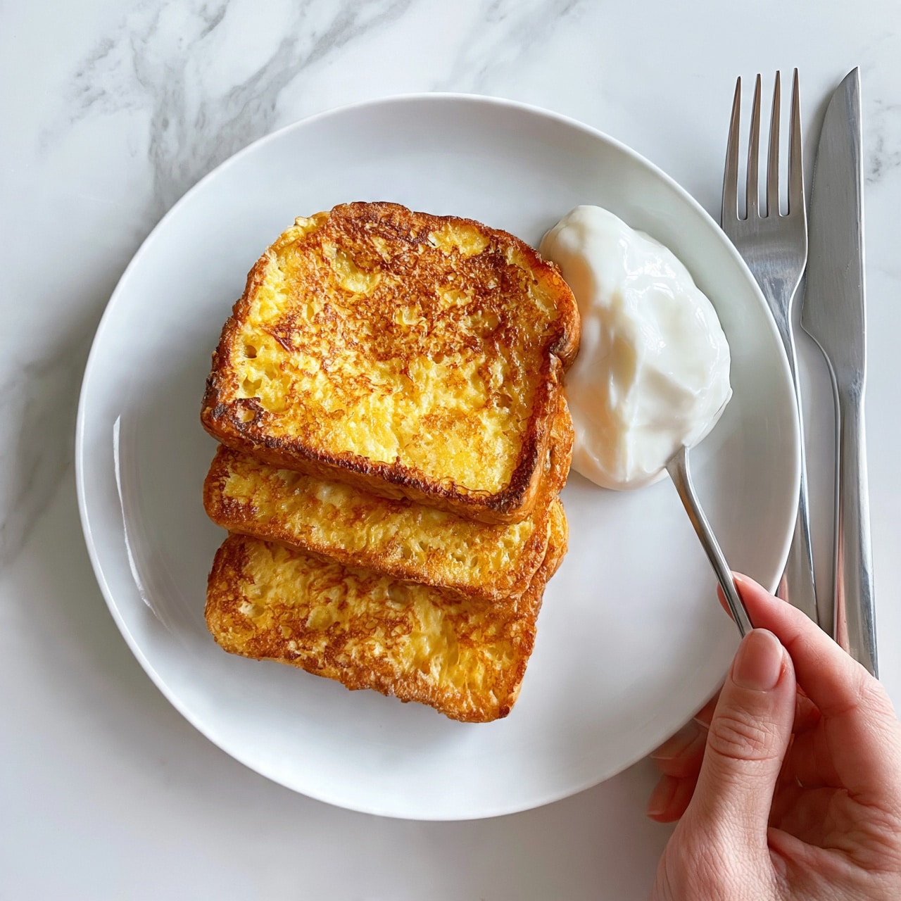square image A white plate with three thick slices of French toast stacked slightly overlapping in the middle, each slice golden brown with a crispy edge and a soft, slightly uneven texture. On one side of the stack, there is a smooth, glossy dollop of white cream or yogurt. Next to the plate, a silver fork and knife rest parallel on the white marbled surface, with a woman's hand holding the fork gently from the side. The overall setting is simple, clean, and bright. photo taken with an iphone --ar 4:5 --v 7
