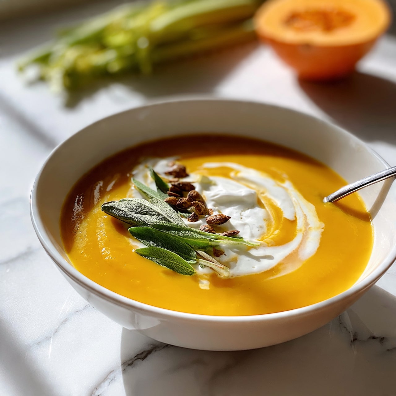 square image A white ceramic bowl filled with smooth, bright orange soup sits on a white marbled surface. The soup has a swirl of white cream on top, garnished with fresh green sage leaves and a few small brown toasted pumpkin seeds scattered over the cream. A spoon rests inside the bowl near the edge. In the background, half of an orange pumpkin and some fresh celery stalks lie on the white marbled surface, adding a natural touch. The lighting is soft and natural, highlighting the warm colors of the soup and the toppings photo taken with an iphone --ar 4:5 --v 7