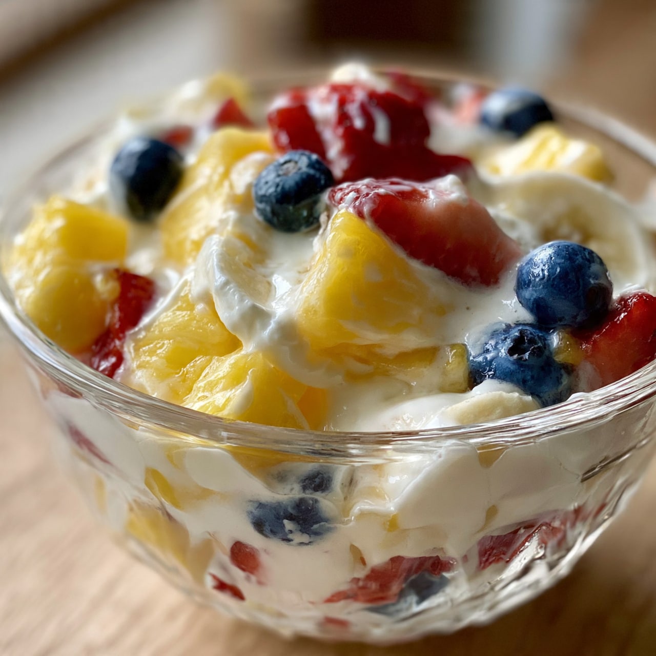 square image The image shows a close-up view of a clear glass bowl filled with colorful fruit salad mixed with creamy white yogurt. The fruit pieces are layered inside the bowl, including bright yellow chunks of pineapple, red strawberry slices, blue blueberries, and creamy white banana slices. The yogurt coats the fruit, creating a smooth texture that blends gently with the vibrant colors of the fruit. The bowl sits on a light wooden surface, and the background is softly blurred to keep focus on the fresh and juicy fruit salad. Photo taken with an iphone --ar 4:5 --v 7