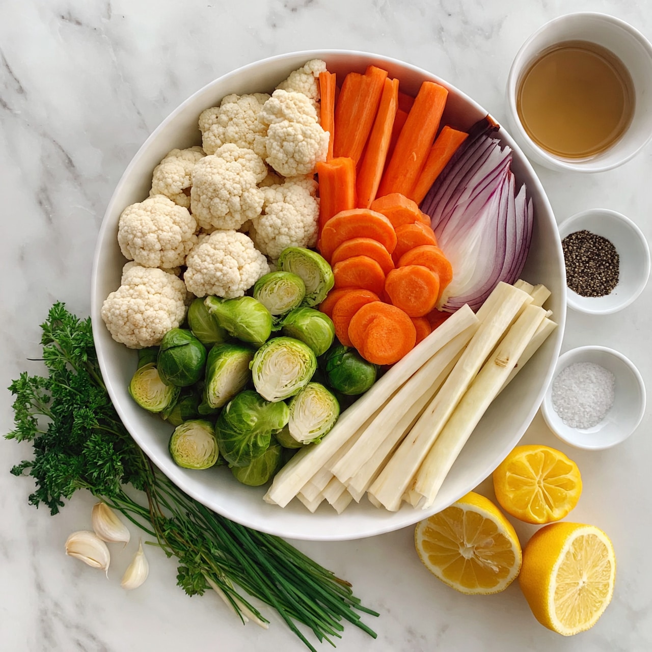 square image A white bowl on a white marbled surface holds an array of fresh vegetables arranged in layers: at the top, white cauliflower florets, bright orange carrot sticks, sliced round carrots, and half an onion with purple and white layers. Below these, there are halved Brussels sprouts and long white parsnip sticks. Next to the bowl, small bunches of green herbs including parsley and chives lie on the surface along with two garlic cloves and two yellow lemon halves. A small white bowl contains a pale brown liquid, and there are two small white dishes holding black pepper and salt. The whole scene is bright and colorful with a fresh, clean look. photo taken with an iphone --ar 4:5 --v 7