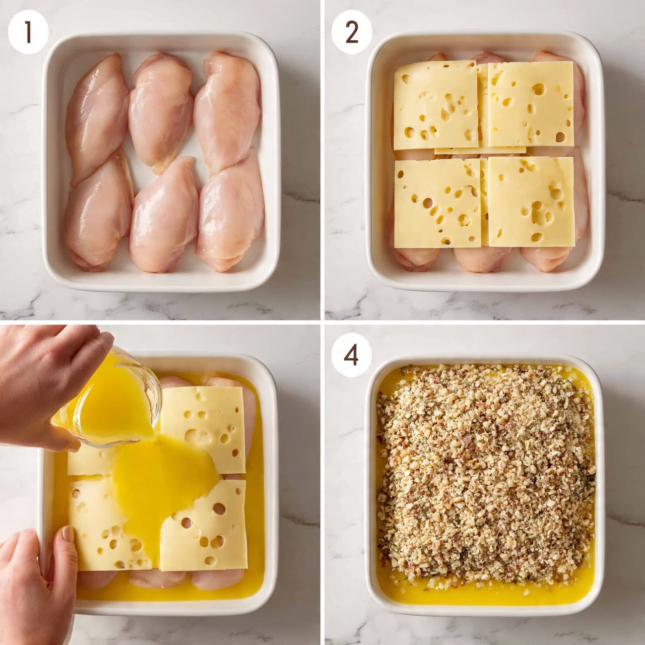 square image A sequence of four photos showing the layers of a dish in a white rectangular baking dish on a white marbled surface. The first photo shows a single layer of six raw pale pink chicken pieces neatly arranged to cover the base of the dish. The second photo adds a layer of seven square slices of pale yellow Swiss cheese with holes, spread evenly on top of the chicken. The third photo shows the cheese-covered chicken now being poured with a bright yellow liquid mixture, partially soaking the cheese and chicken below; a woman's hand is seen pouring the liquid. The last photo displays the dish topped with a thick layer of crushed beige and light brown nuts and herbs, covering the liquid and cheese layer below. Photo taken with an iphone --ar 4:5 --v 7