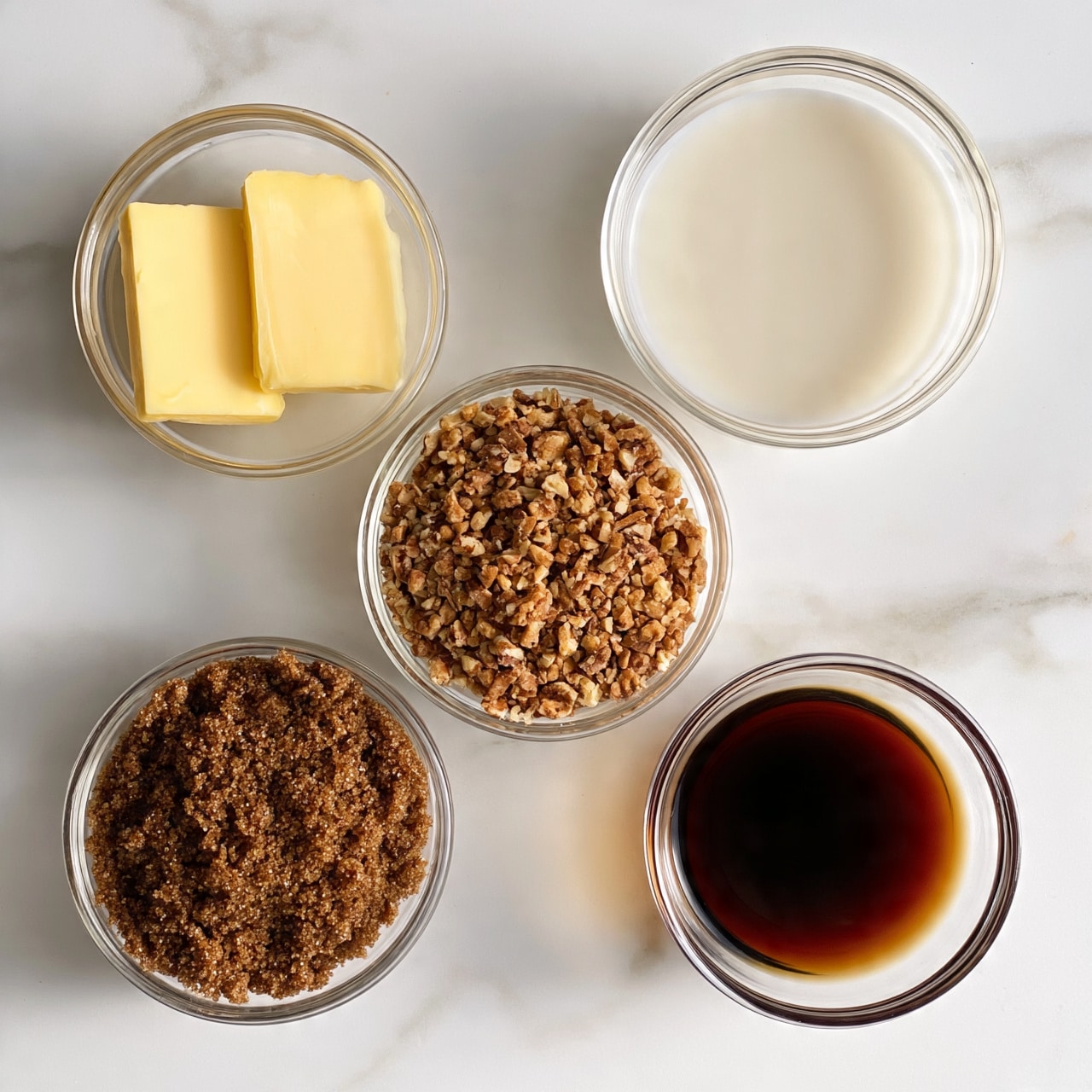 square image The image shows five small clear glass bowls arranged on a white marbled surface. Each bowl contains a different ingredient: the top left bowl holds two yellow butter slices, the middle top bowl has a creamy white liquid, the center bowl is filled with brown chopped nuts, the bottom left bowl contains dark brown brown sugar, and the bottom right bowl has a dark brown liquid, likely vanilla extract. The bowls are spaced out evenly, with a clean and neat presentation. photo taken with an iphone --ar 4:5 --v 7