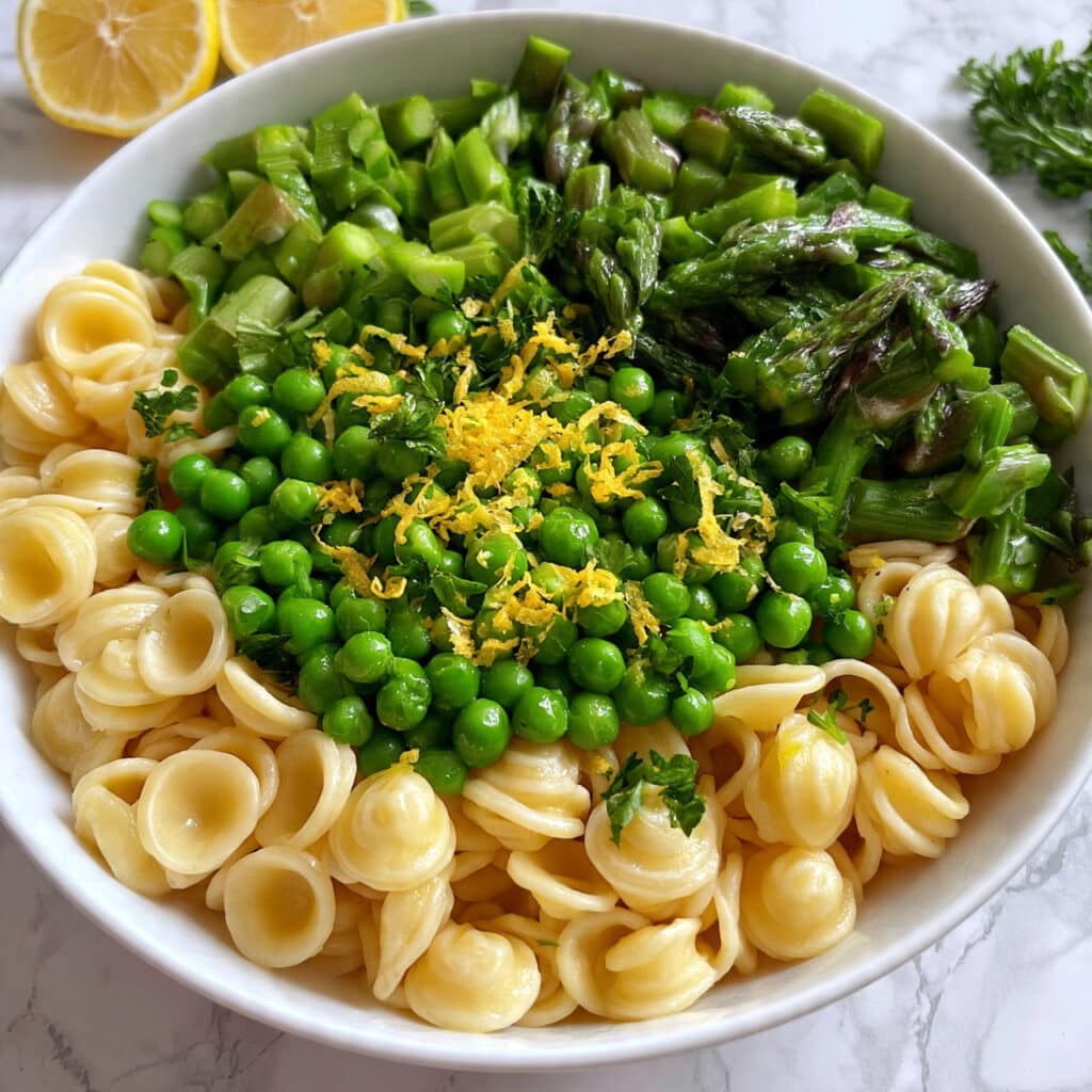 Pea and Asparagus Pasta with Lemon-Garlic Sauce Recipe