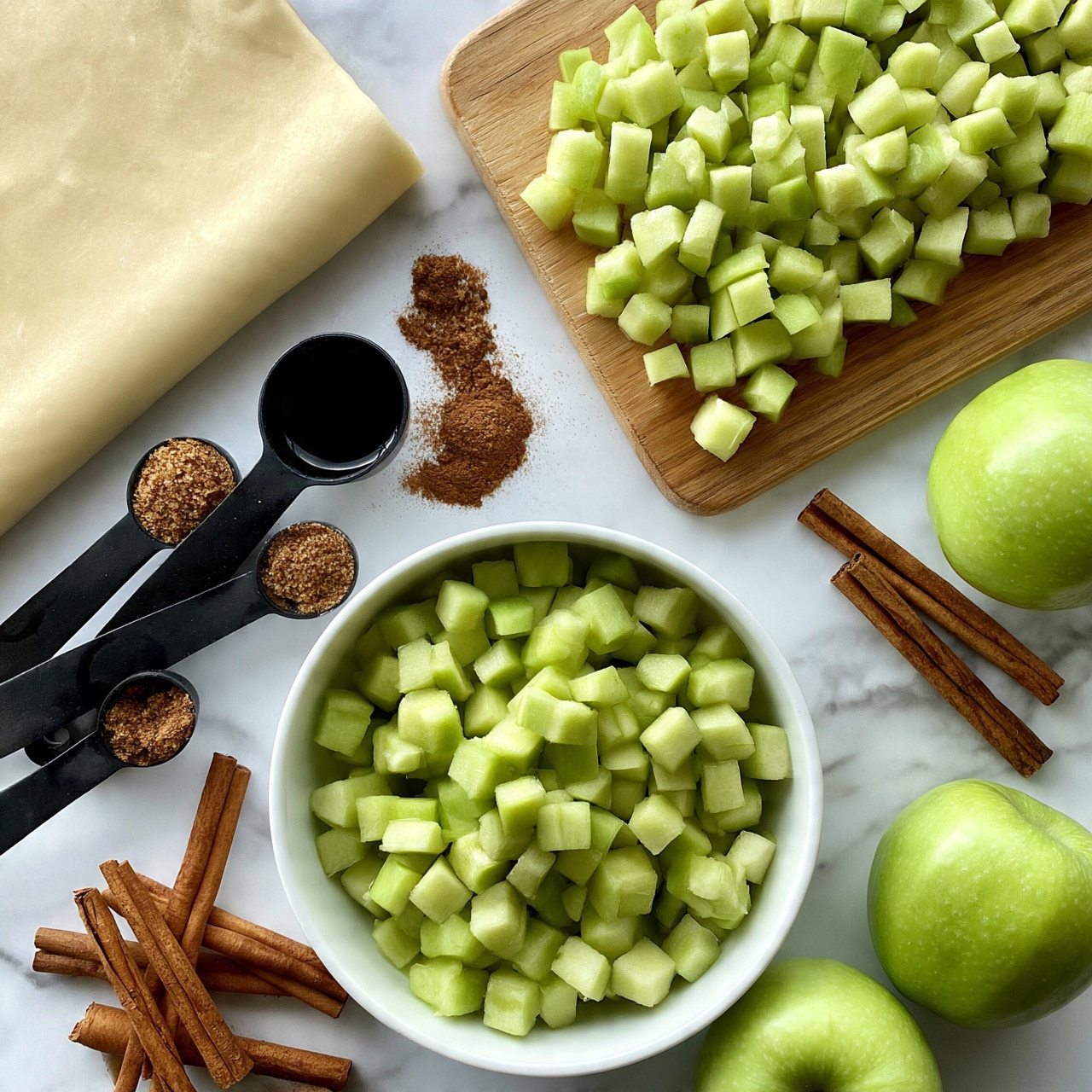 square image A white round bowl filled with small green apple cubes is in the lower middle, with more green apple cubes on a wooden board in the upper right. To the left is a rolled-out sheet of pale dough. Nearby are four black measuring spoons filled with brown sugar, dark liquid, and cinnamon powder. Scattered around are whole green apples and brown cinnamon sticks on a white marbled surface. photo taken with an iphone --ar 4:5 --v 7