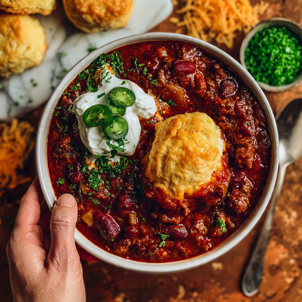 square image A white bowl filled with thick red chili containing beans, meat, and small vegetable pieces, topped with a dollop of white sour cream, green sliced jalapeños, and chopped green herbs. There is a large golden biscuit dipped in the chili, held by a woman's hand. Around the bowl are several golden biscuits on a white marbled surface, along with shredded orange cheese, a small bowl of bright green chopped herbs, and a silver spoon next to the bowl. The background is warm and rustic with brown tones. Photo taken with an iphone --ar 4:5 --v 7