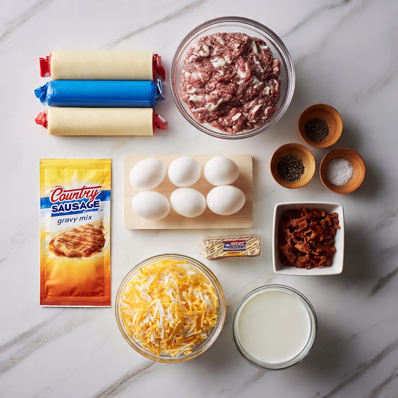 square image The image shows several cooking ingredients arranged neatly on a white marbled surface. At the top left, two blue and red tubes of dough sheets lie side by side. Below them is a yellow and orange packet labeled