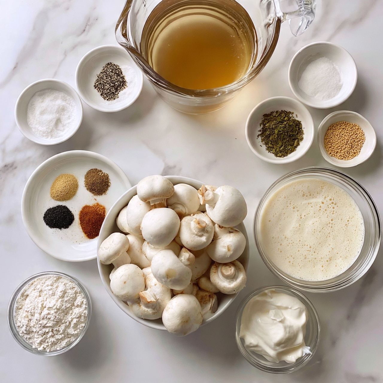 square image The image shows a top view of several clear bowls and white dishes arranged on a white marbled surface, each containing different cooking ingredients. At the center, there is a white bowl full of whole white mushrooms. Above the mushrooms, a large clear measuring cup holds a light brown liquid, likely broth. Small white dishes hold white powdery baking soda and a mix of black pepper and salt. Another small bowl contains dried green herbs, and next to it is a small bowl with tan-colored granules. A medium clear bowl has a foamy, pale cream liquid, while a smaller clear bowl holds a thick white creamy substance. Another small clear bowl with a soft white cream is placed nearby. To the left of the mushrooms, a white dish has four small piles of spices with different colors: tan, brown, black, and reddish-brown. Finally, a small clear cup on the far left is filled with white flour. All items are neatly spaced on the white marbled background. Photo taken with an iphone --ar 4:5 --v 7