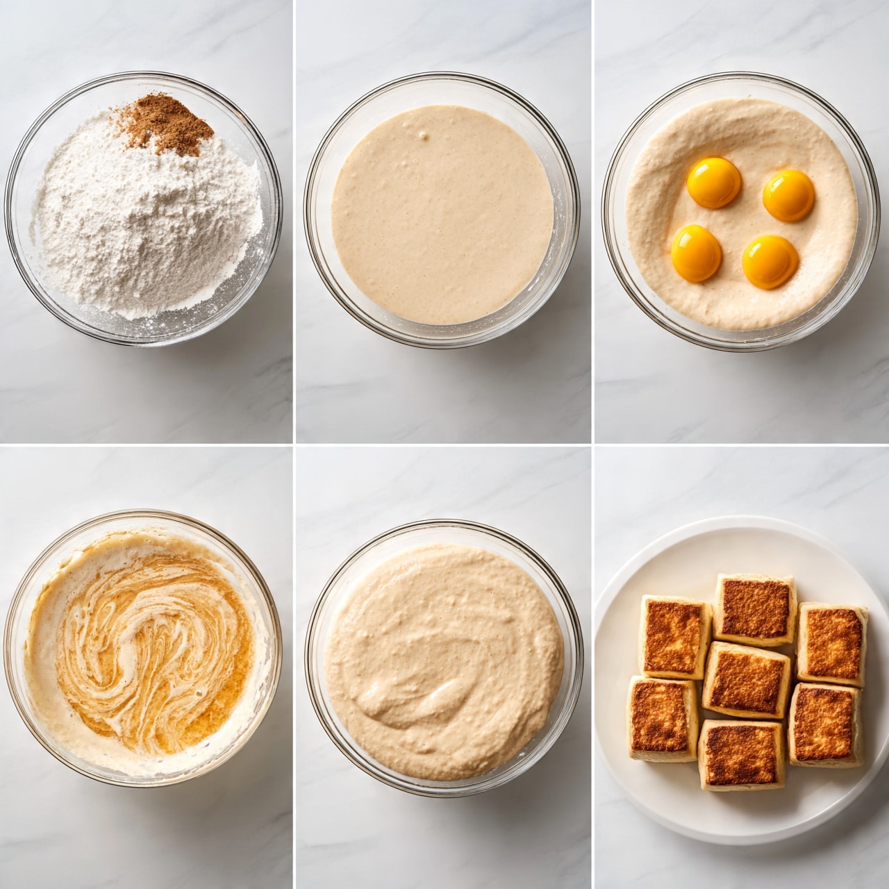 square image The image shows six steps of making a dish, presented in a bright white marbled surface setting. The first step features a clear glass bowl holding a mixture of white flour and a small pile of brown powder. The second step shows the same clear glass bowl now filled with a smooth, light beige batter. In the third step, three raw egg yolks are mixed into the batter, visible as bright yellow circles on top. The fourth step shows the batter becoming more liquid and creamy, with a visible swirl texture inside the bowl. The fifth step displays a thicker, light beige dough forming in the bowl, smooth in texture. The final step features a white plate holding six evenly browned, square-shaped pieces of food with a golden crust, neatly arranged in two rows of three. Photo taken with an iphone --ar 4:5 --v 7